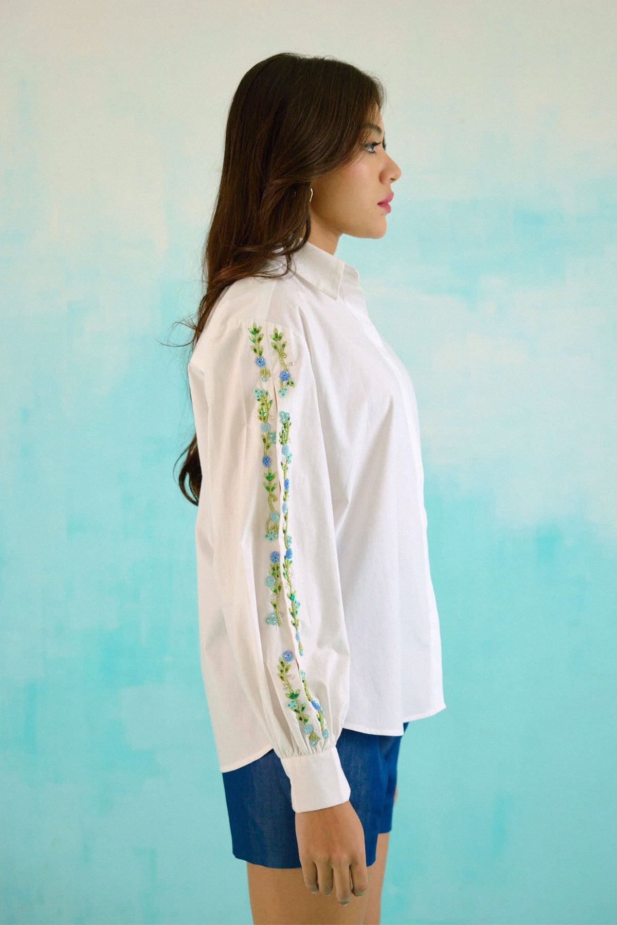 White Hand Embroidered Blue Sequins Upbeat Shirt