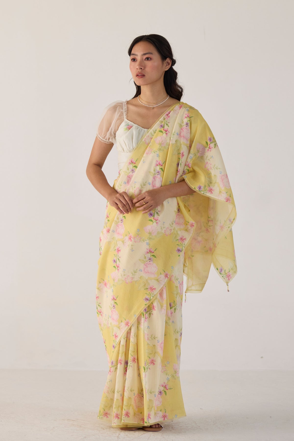 Yellow Rose Garden Silk and Cotton Chanderi Sari