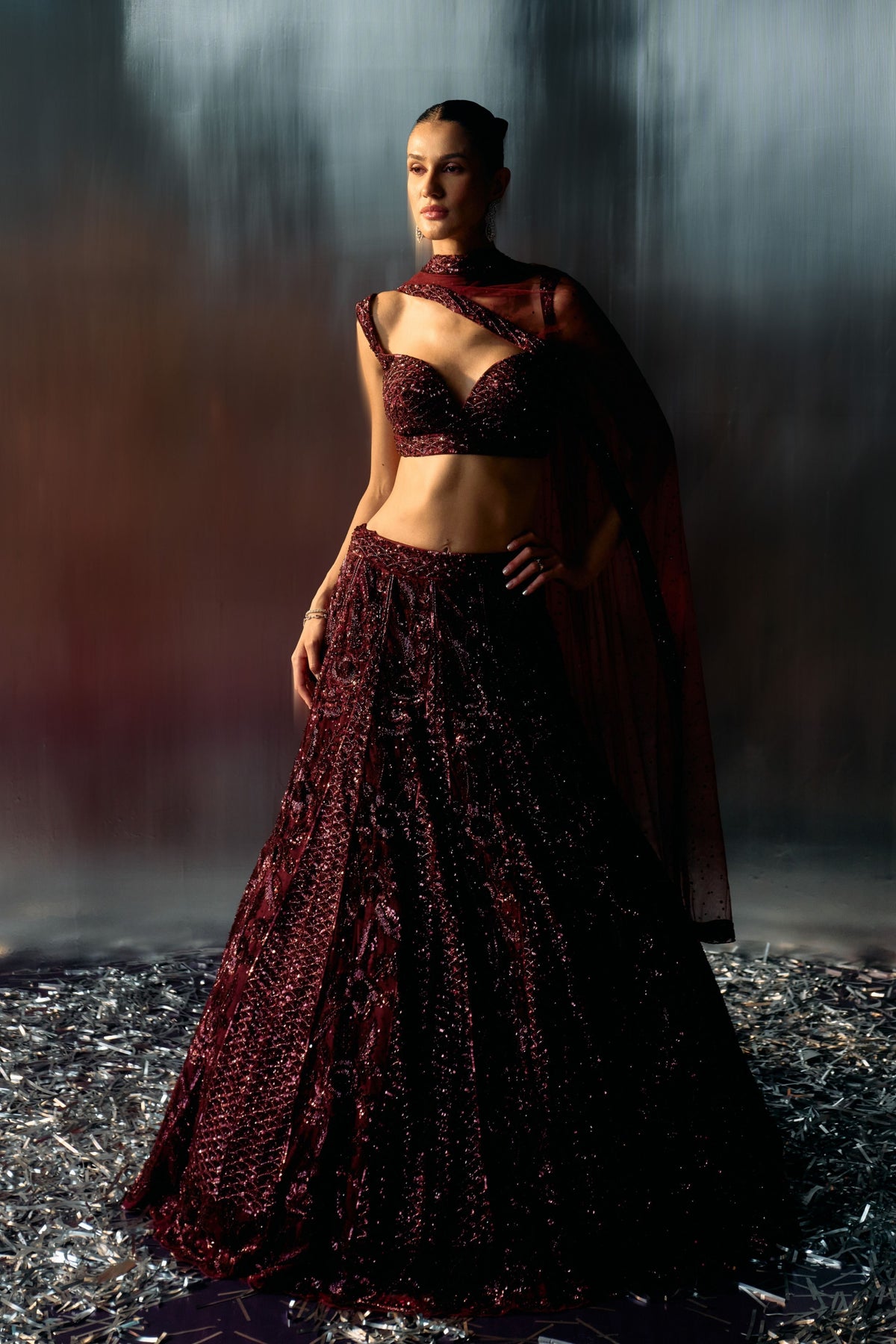 Deep Wine Crystals Lehenga Set