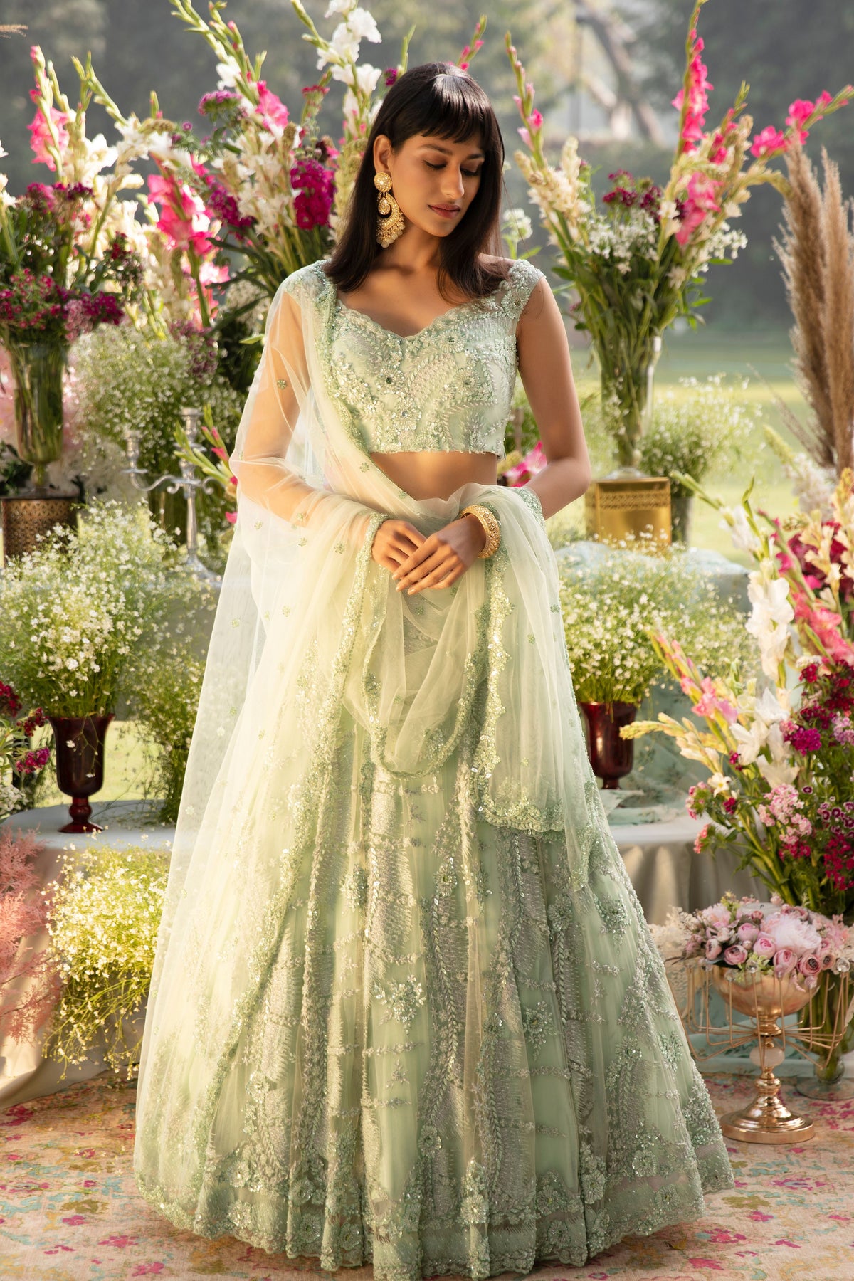 Mint Green Embroidered Net Lehenga Set