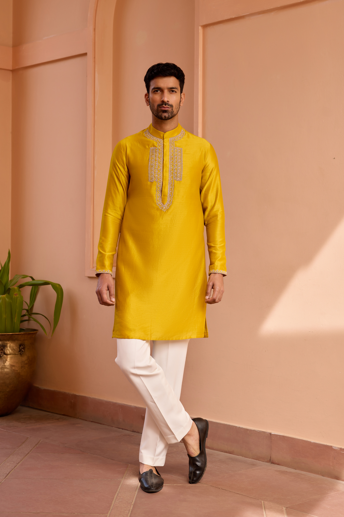 Yellow dori and hand embroidered silk kurta set