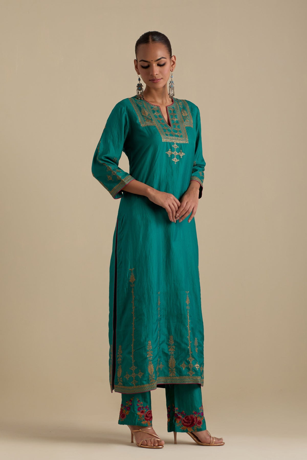 Persian Green Silk Straight Kurta Set