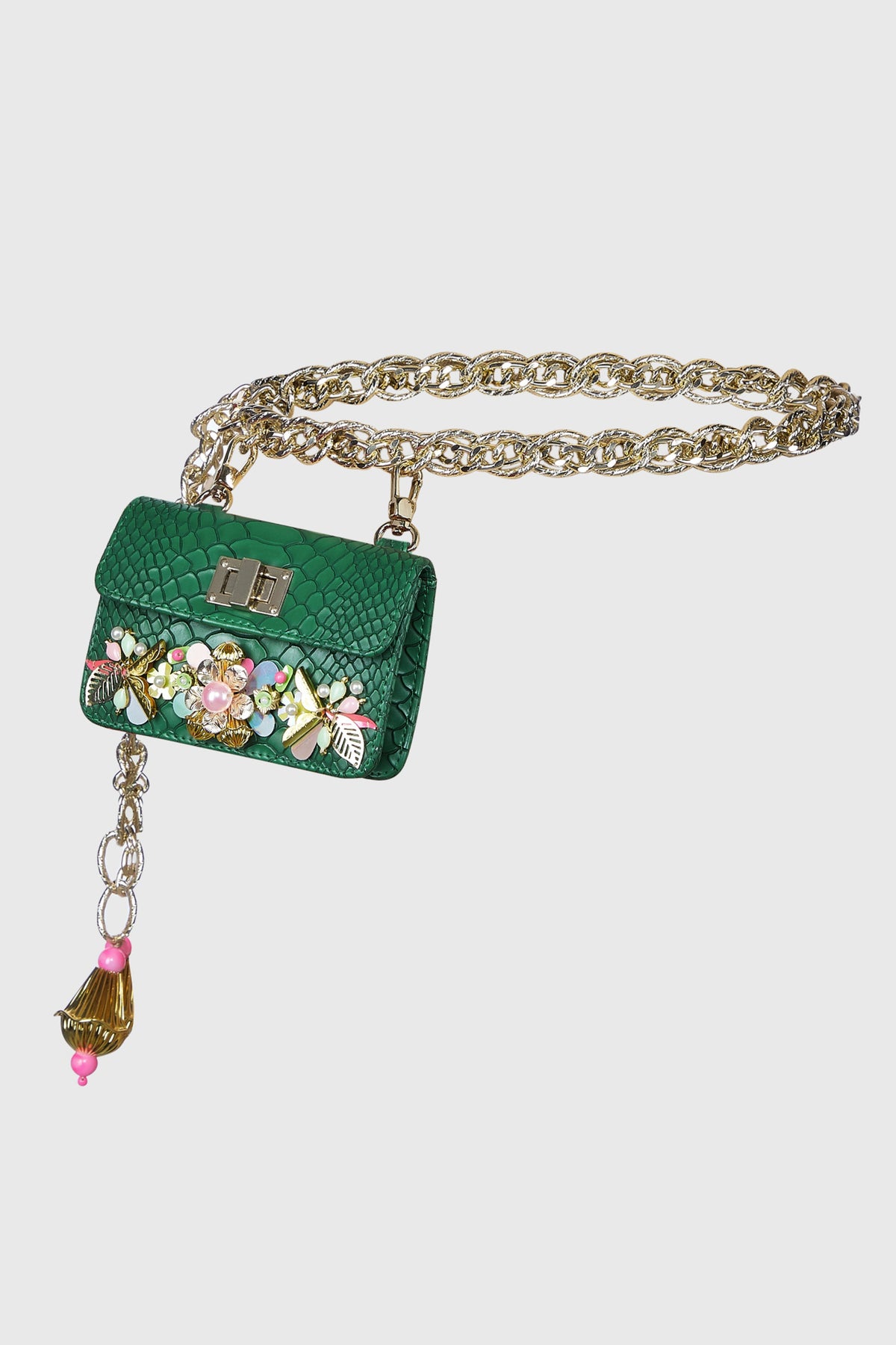 Green Chain-link Embellished Belt Bag