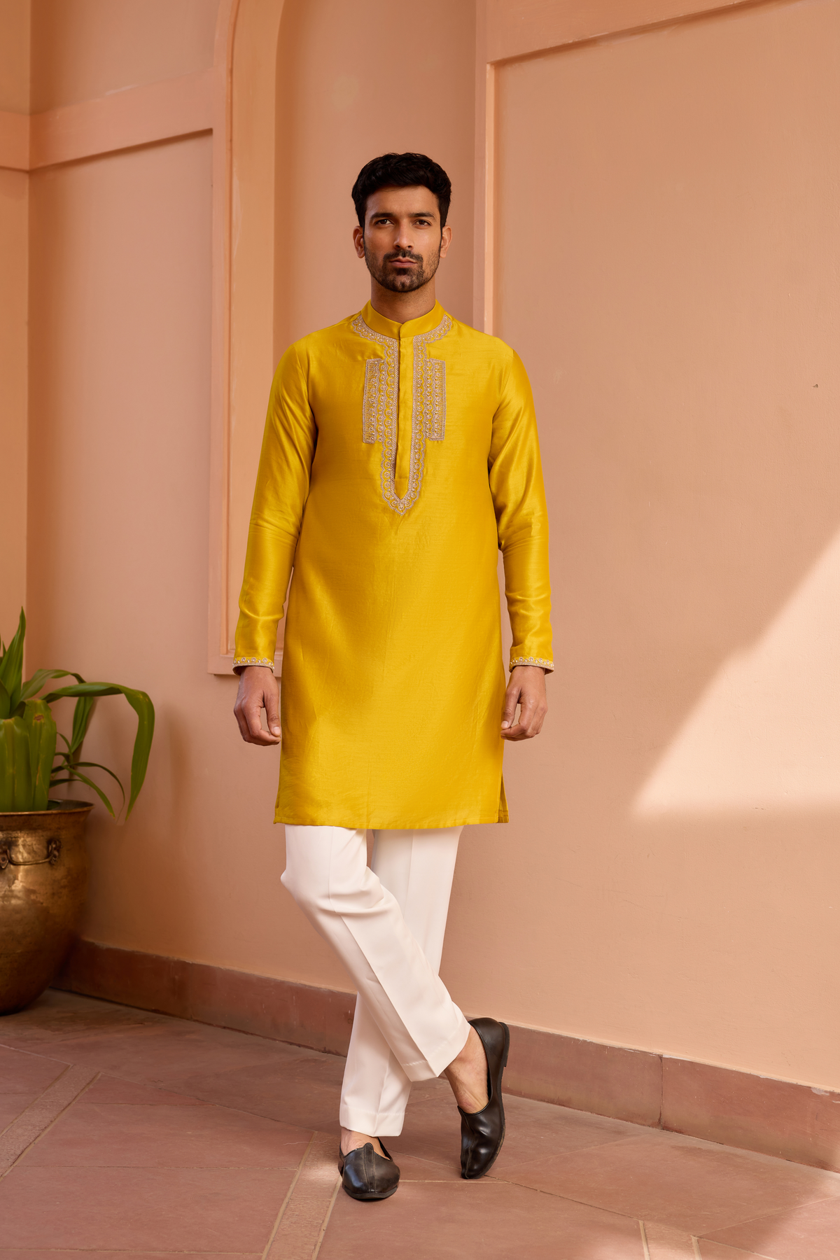 Yellow dori and hand embroidered silk kurta