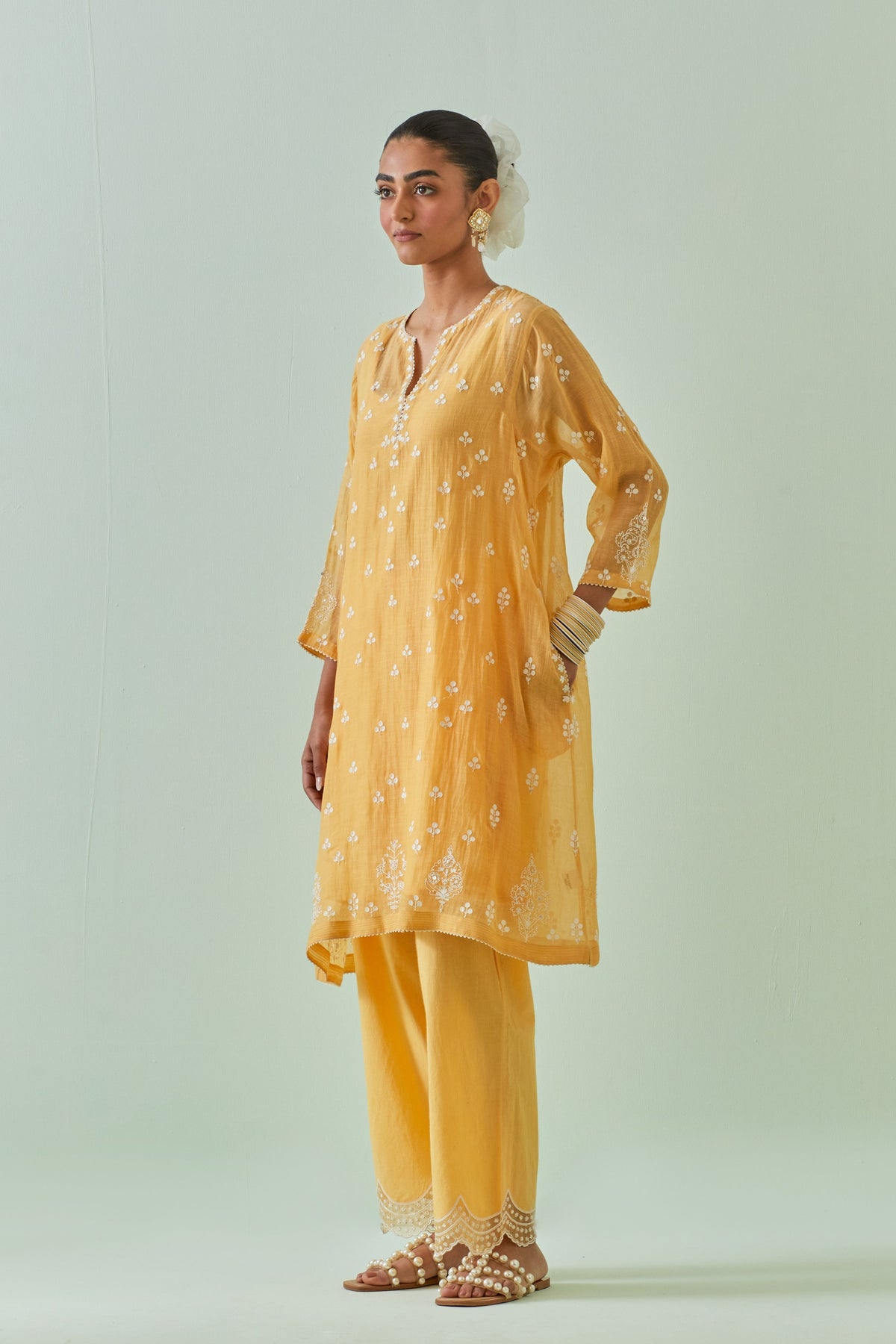 Yellow Embroidered Kalidar Kurta Set