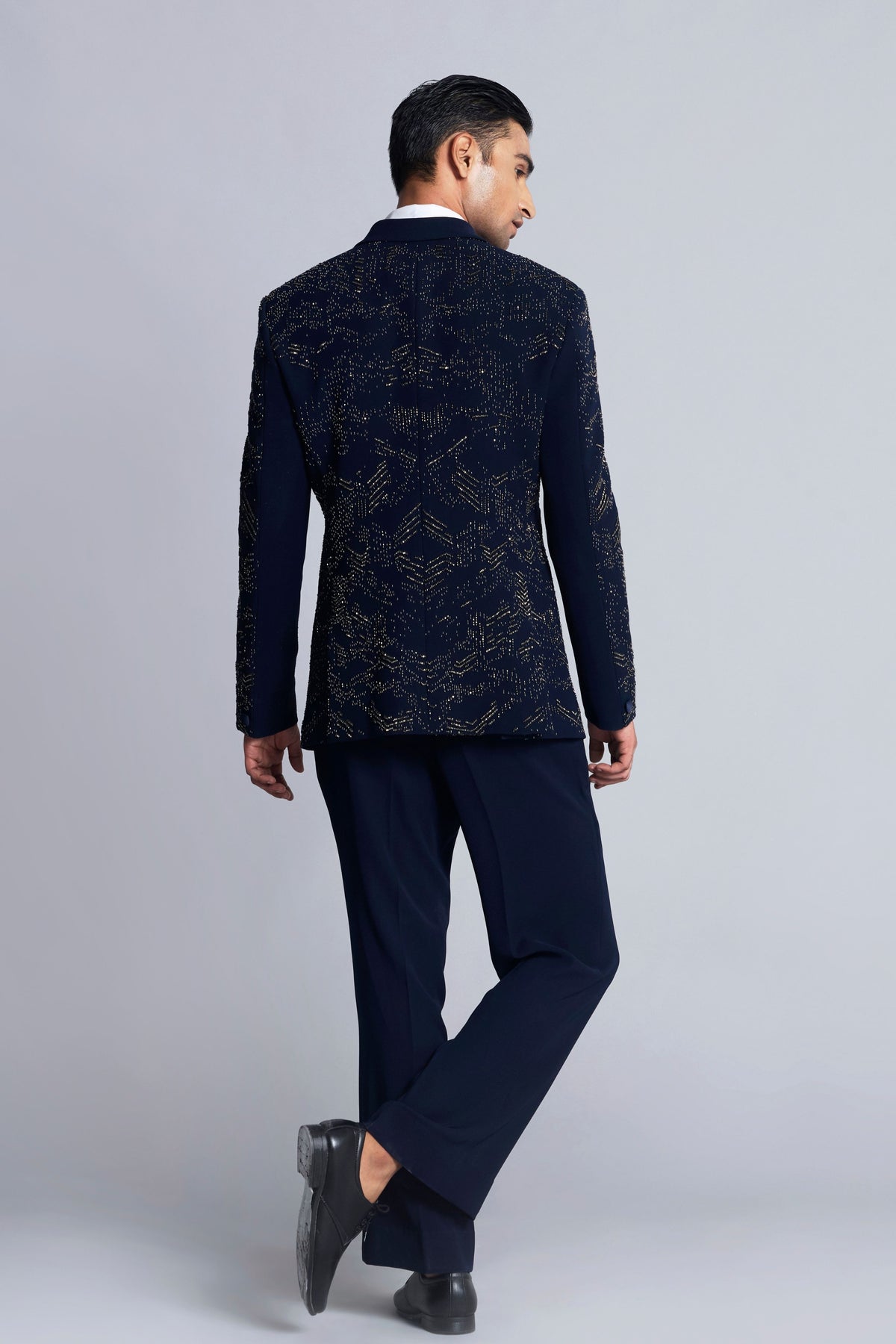 Navy Blue Sandwash Pearl Embroidered Tuxedo Set