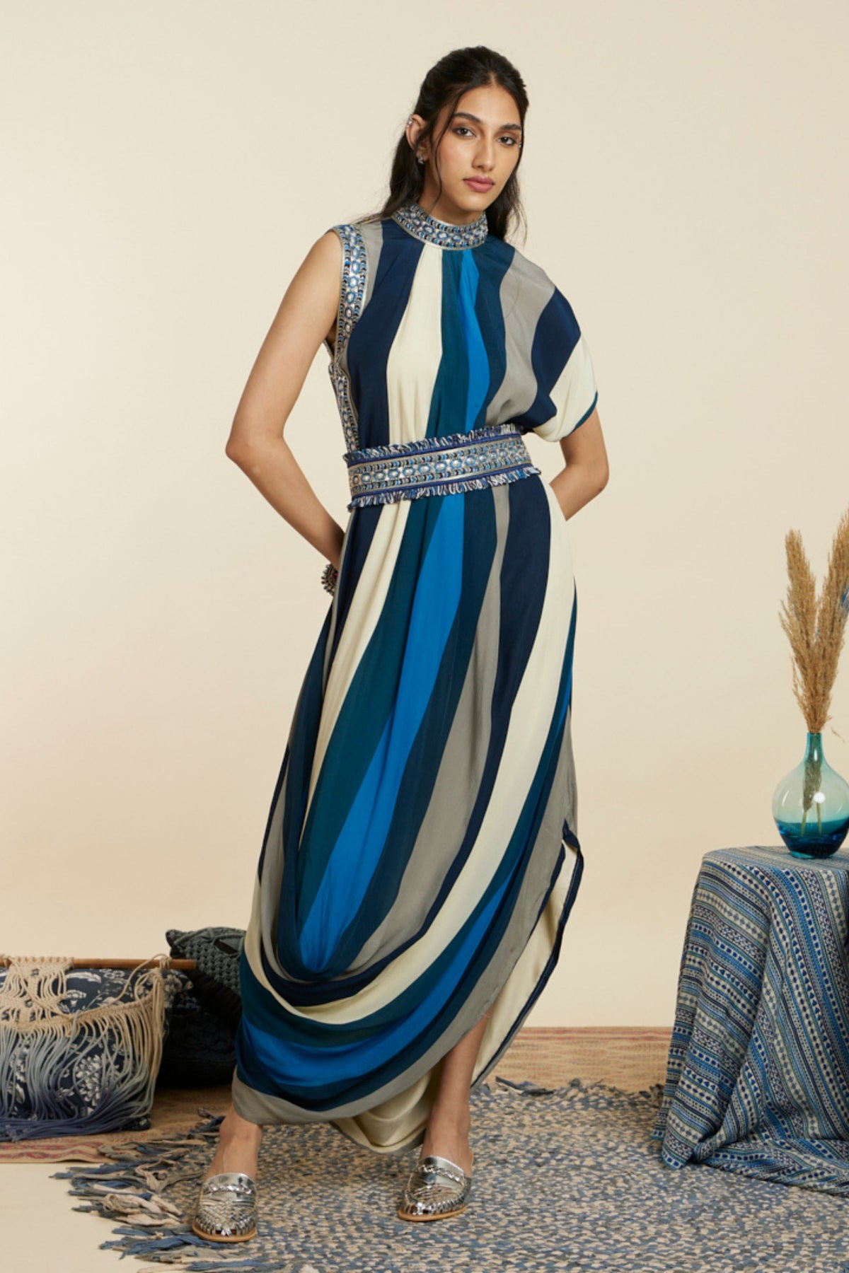 Blue Drape Dress With Belt