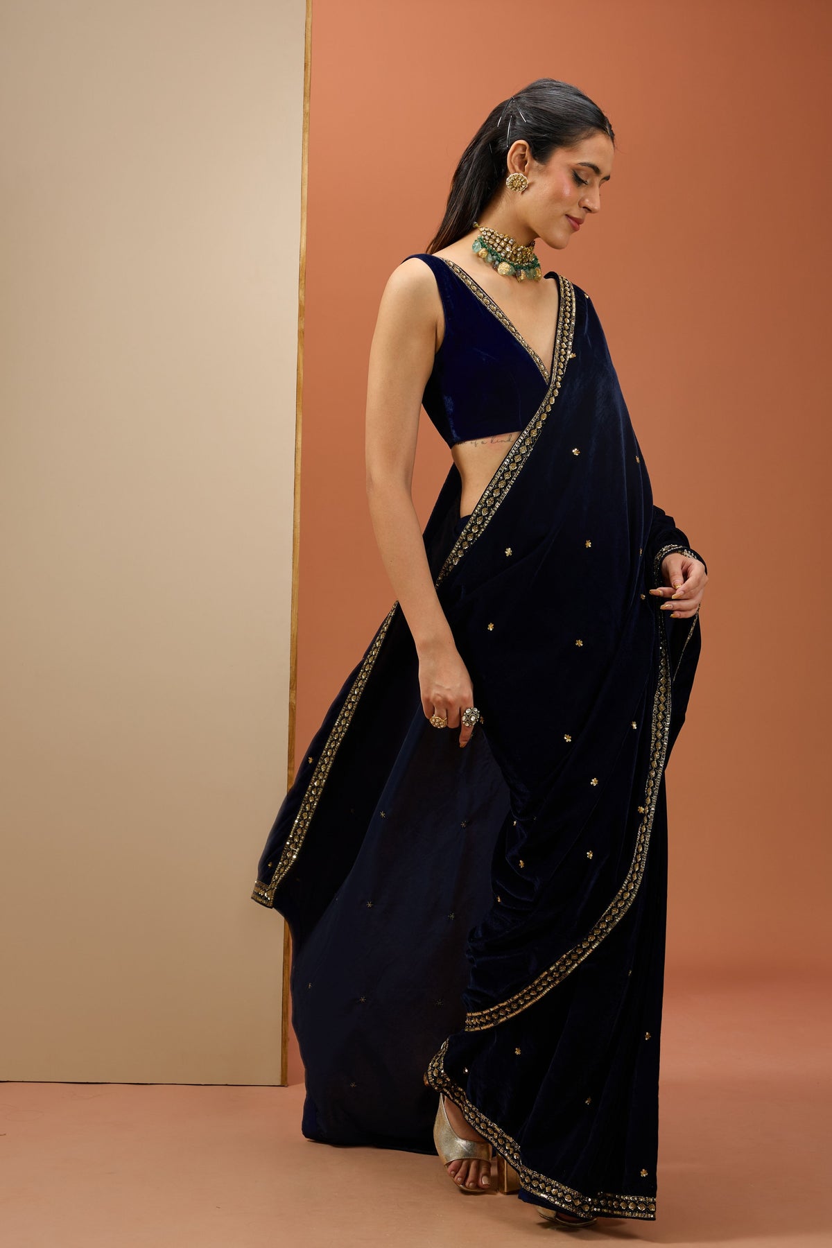 Blue Velvet Saree Set