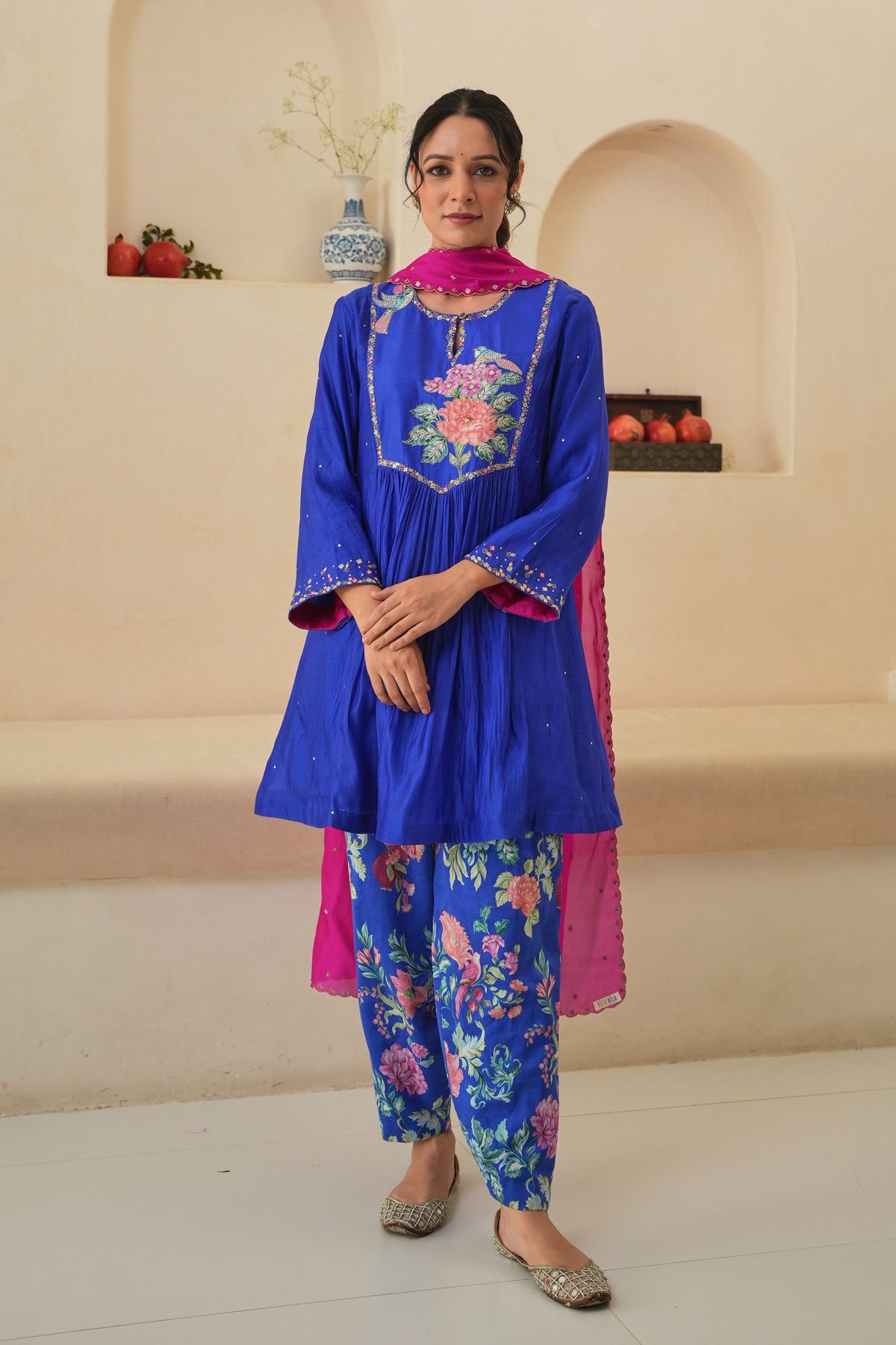 Jehan Gathered Kurta Set in Royal Blue