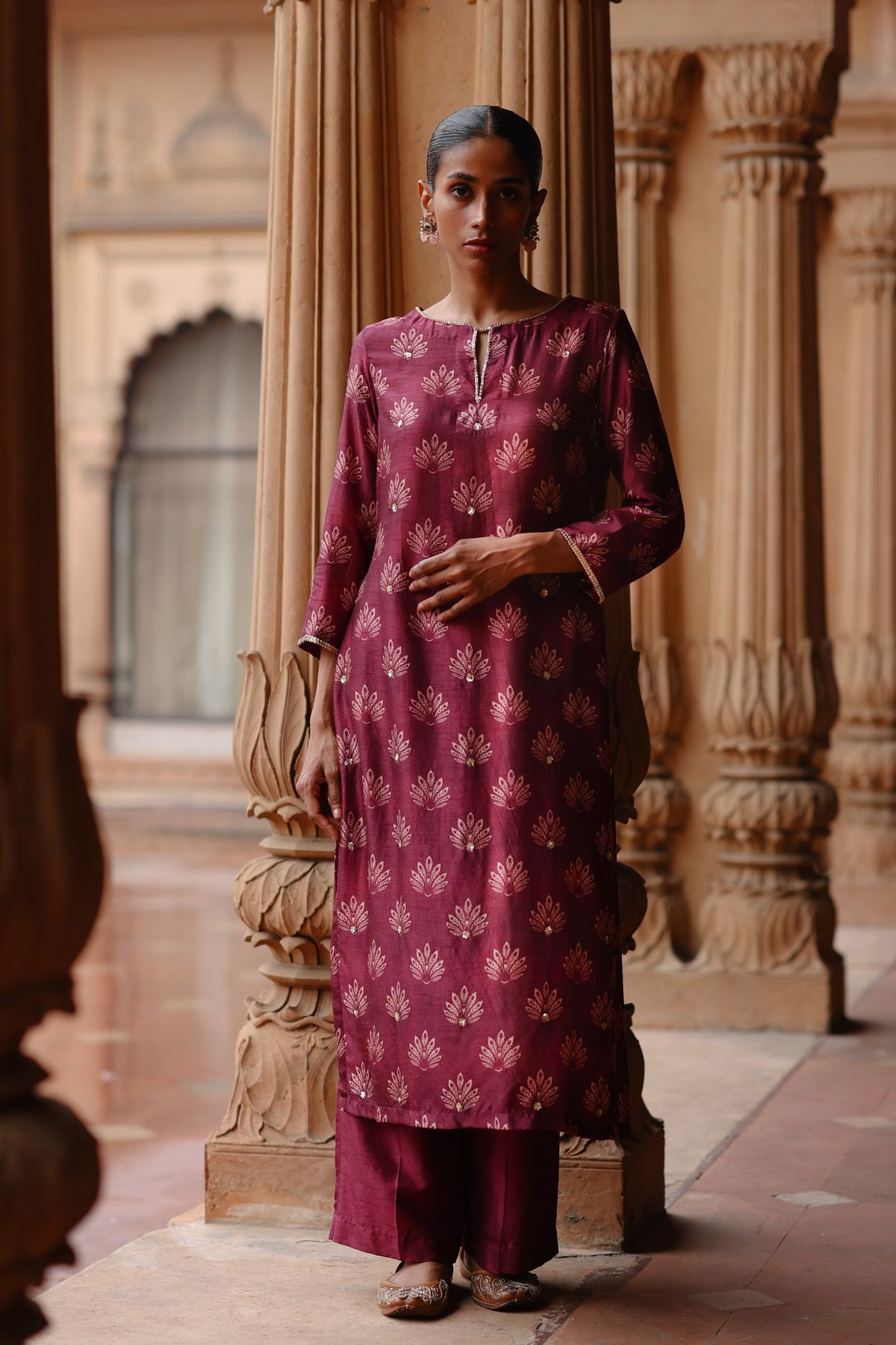 Wine Embroidered Kurta Set