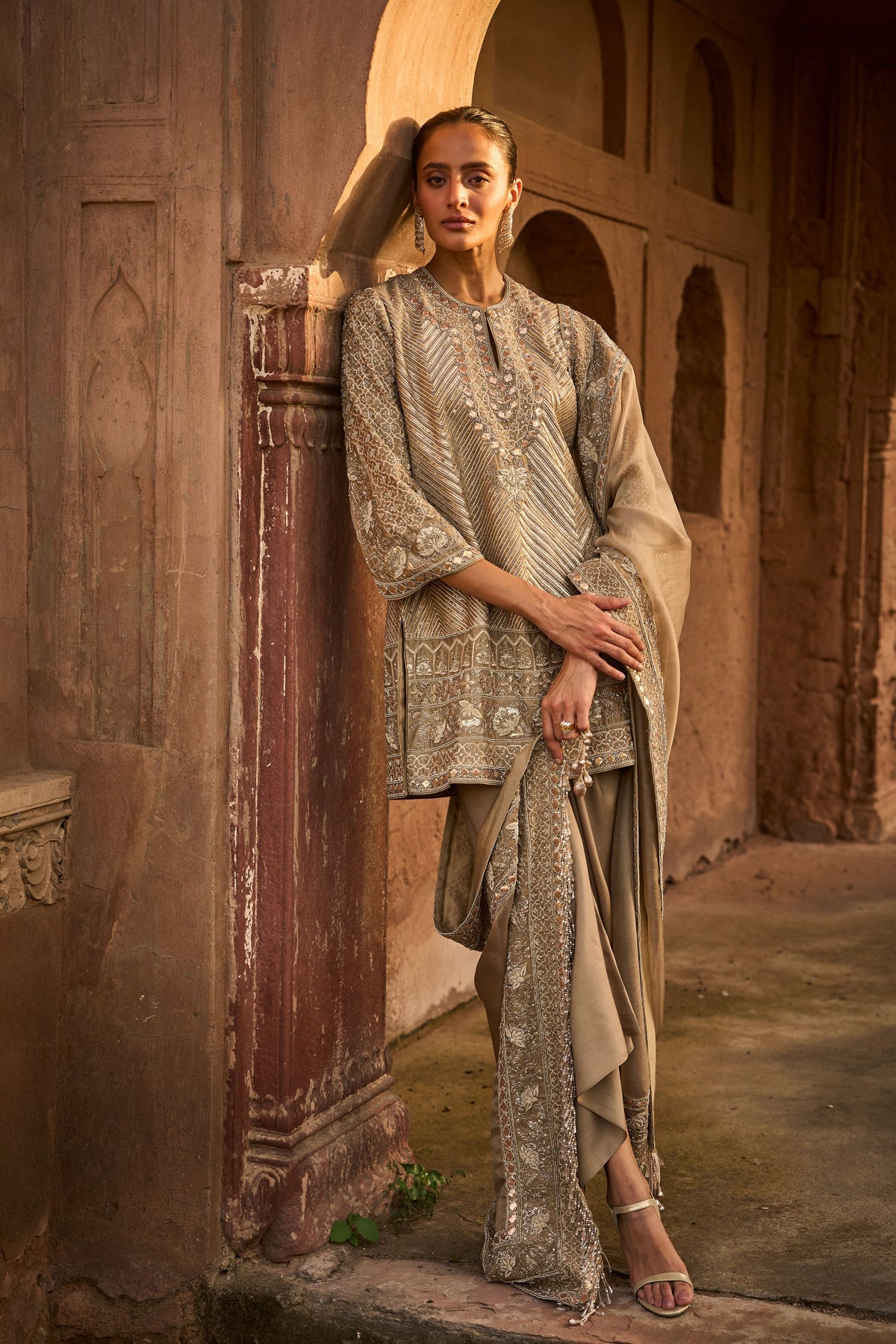 Embroidered Golden Beige Kurta Set