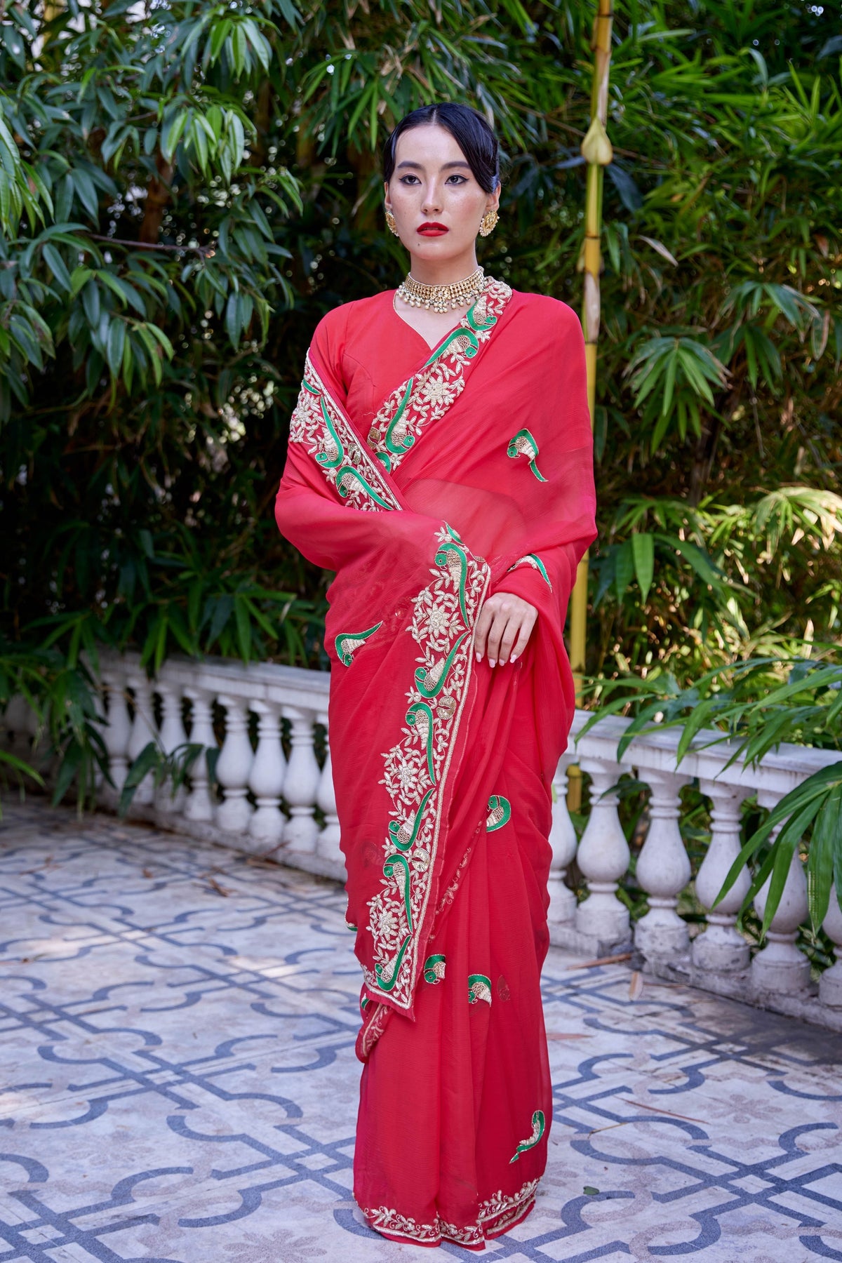 Le Peroquette Red Saree