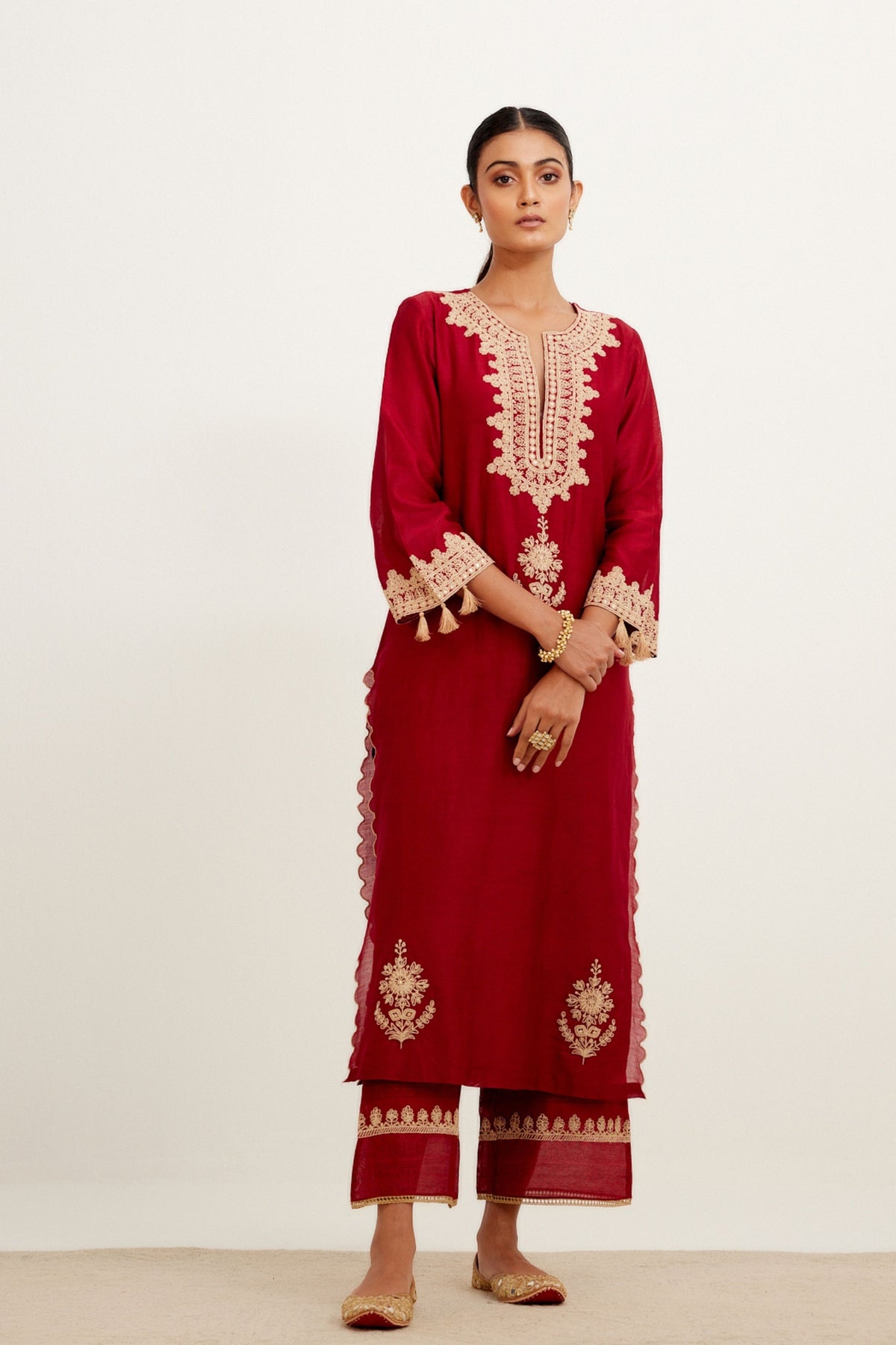 Maroon Dori Embroidered Kurta Set