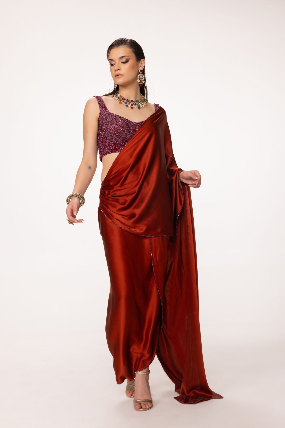 Rust Embroidered Draped Saree