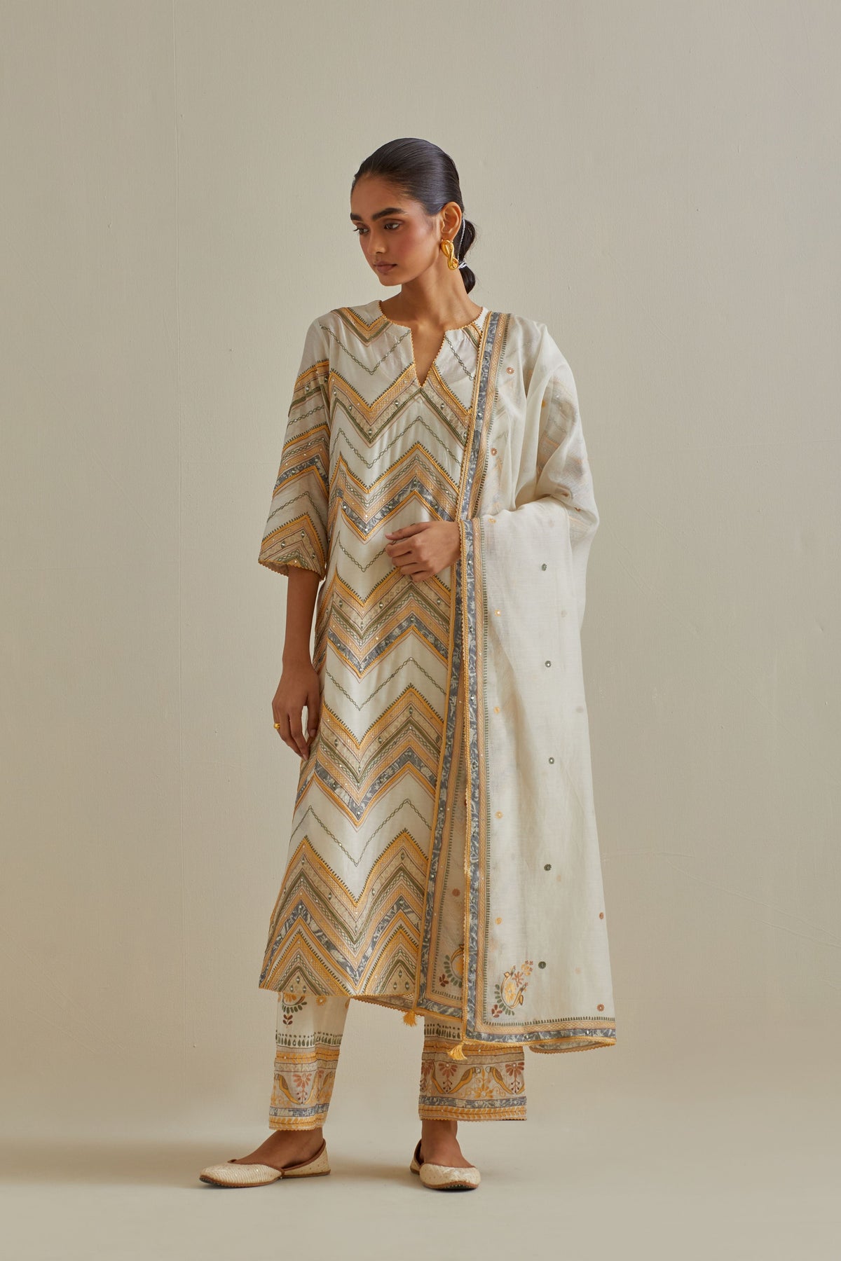 Yellow Chevron Pattern Kurta Set