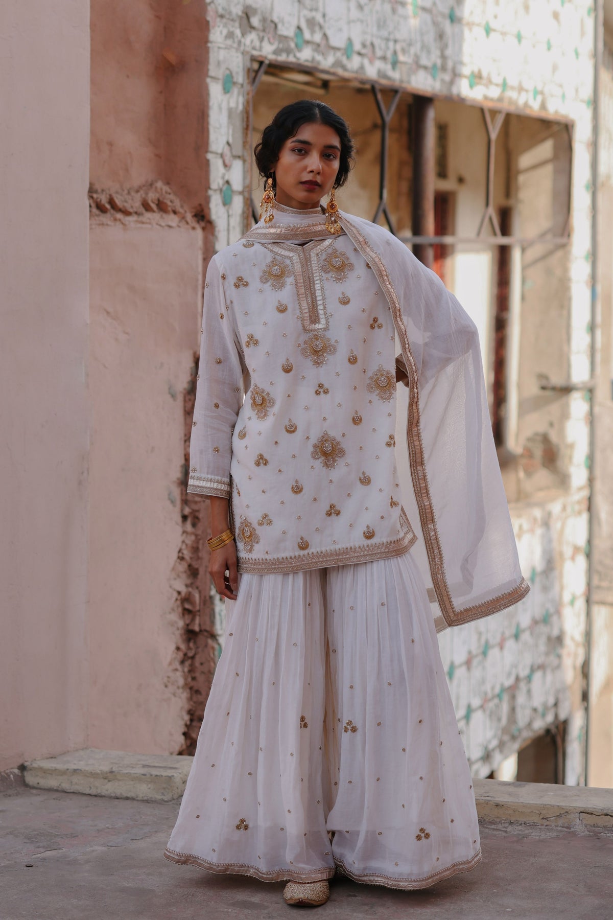 White Halfmoon Sharara Set