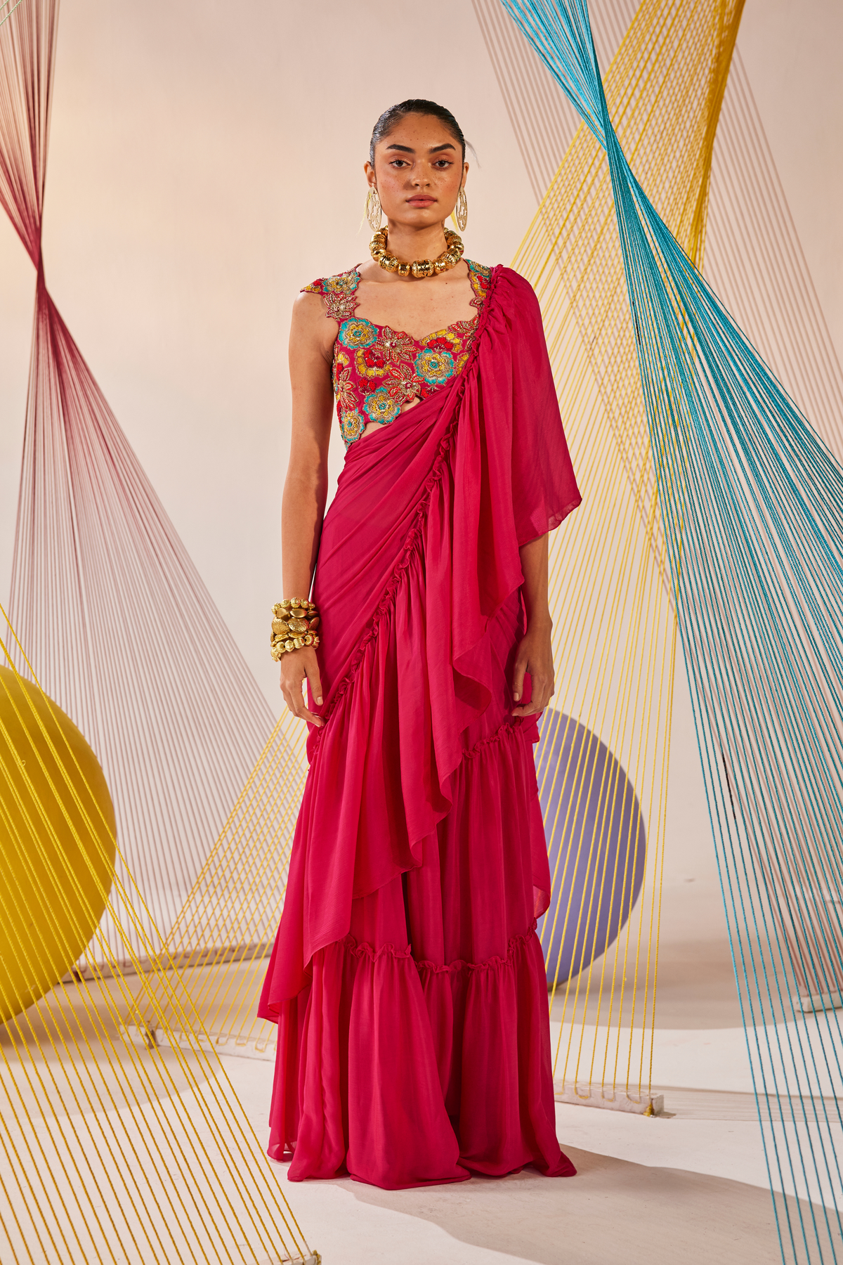 Rani Pink Swara Lehenga Saree Set