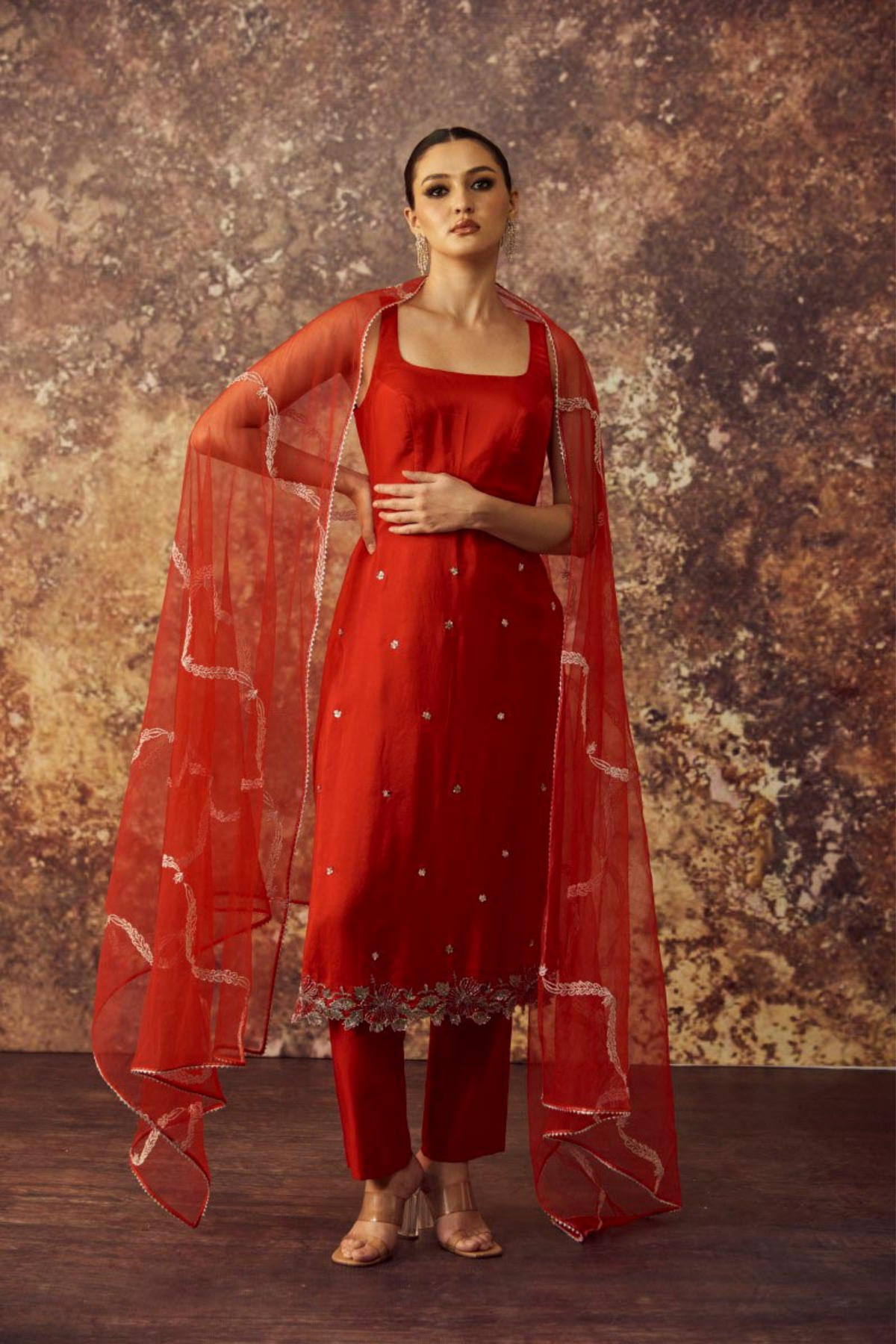 Red Soft Silk Embroidered Kurta Set