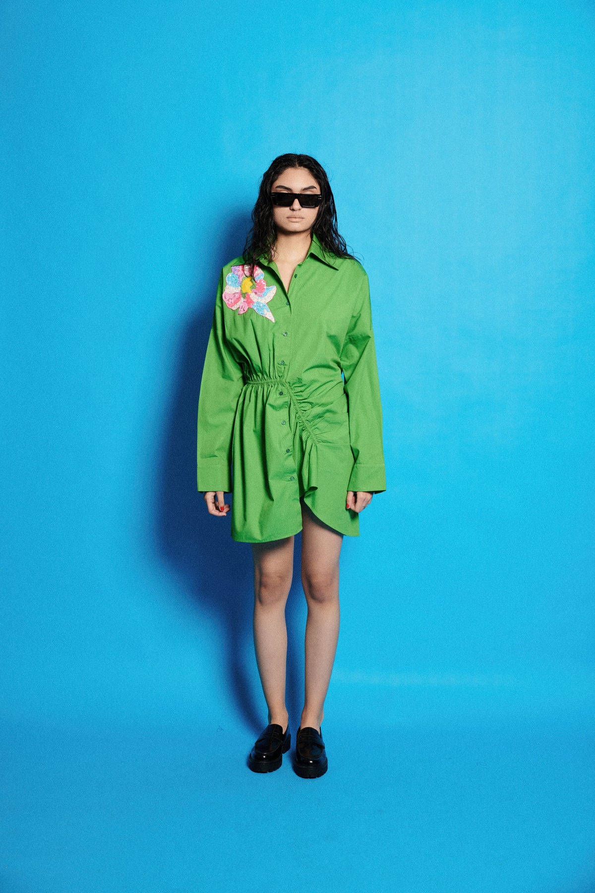 Poplin Ruched Asymmetric  Green Hem Dress