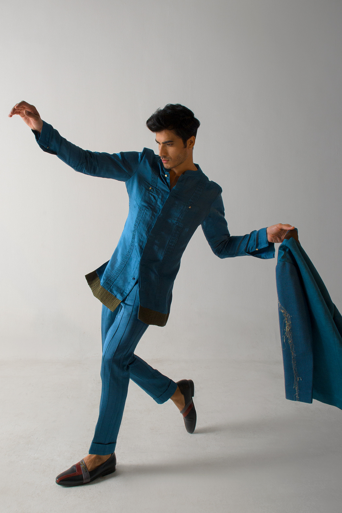 Teal Blue Kurta with Olive Pintuck Hem