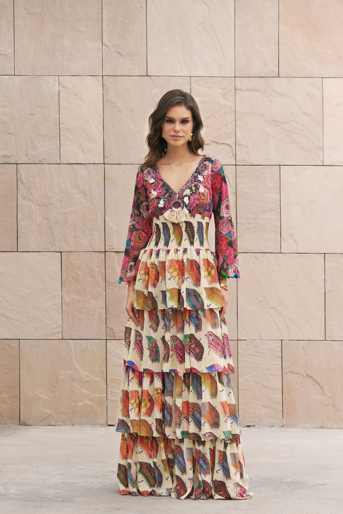 Umbrella Printed Tier Maxi Dress