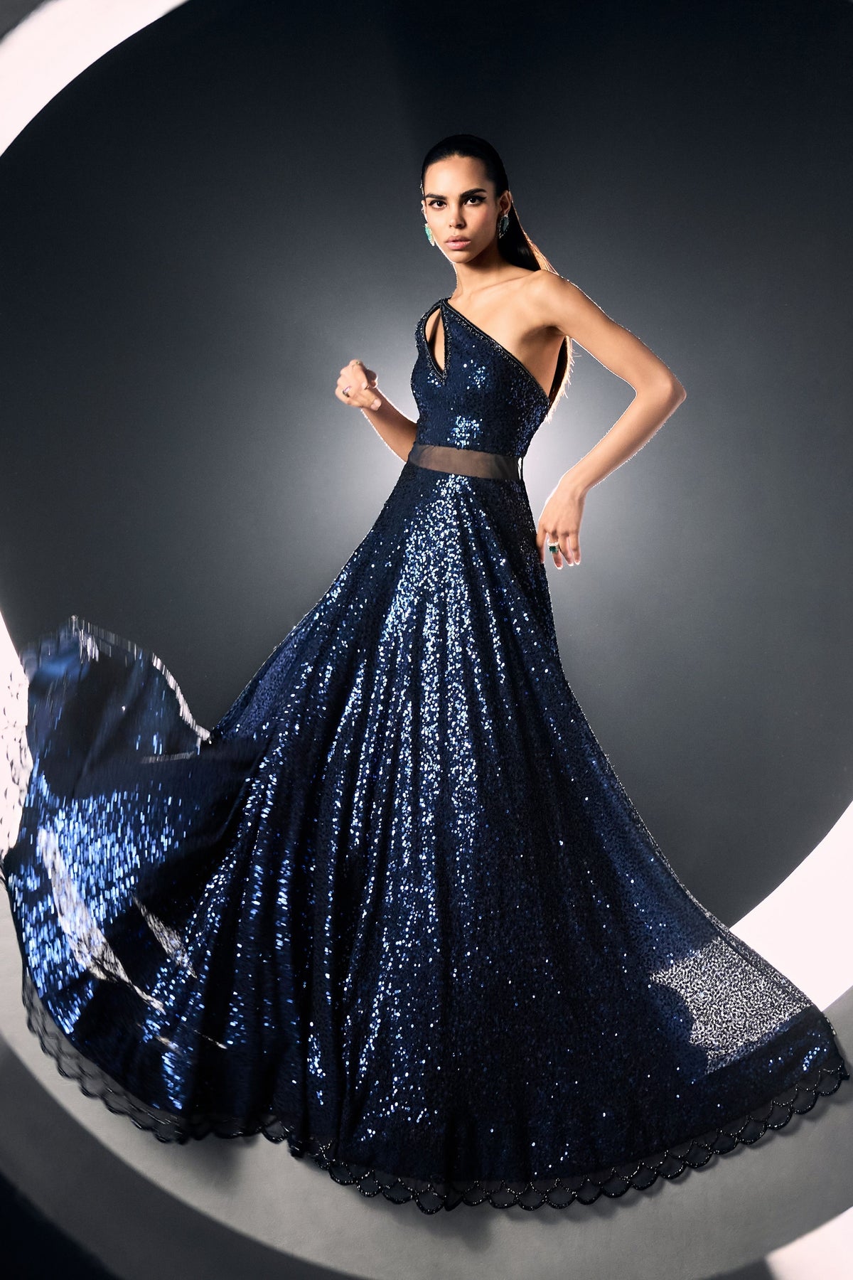 Blue Sequins One Shoulder Gown