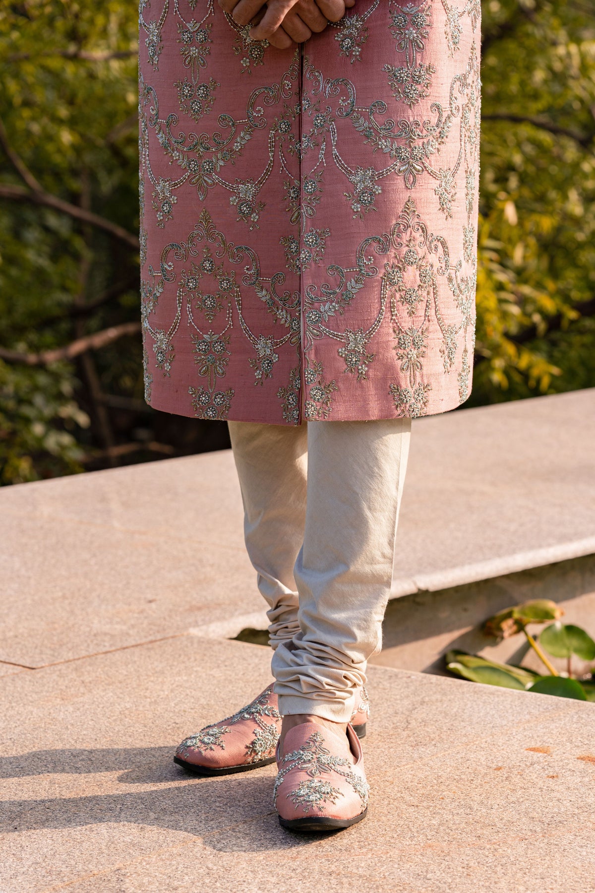 Peach Embroidered Sherwani Set