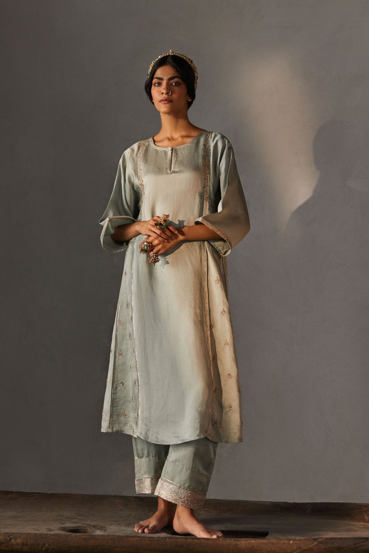 Sage Rose Gold Zari Kurta Set