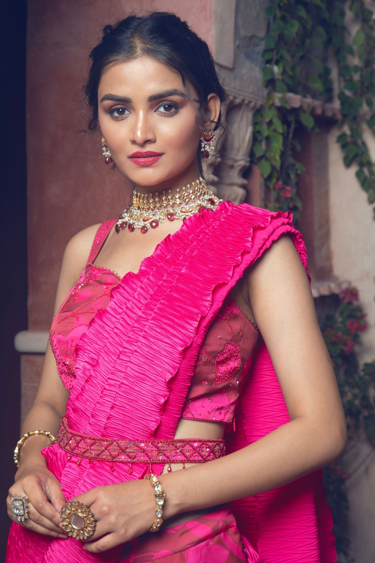 Maroon and Hot Pink Embroidered Drape Saree Set