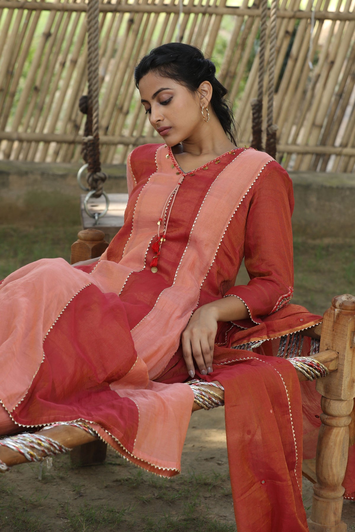 Red And Peach Kurta Set