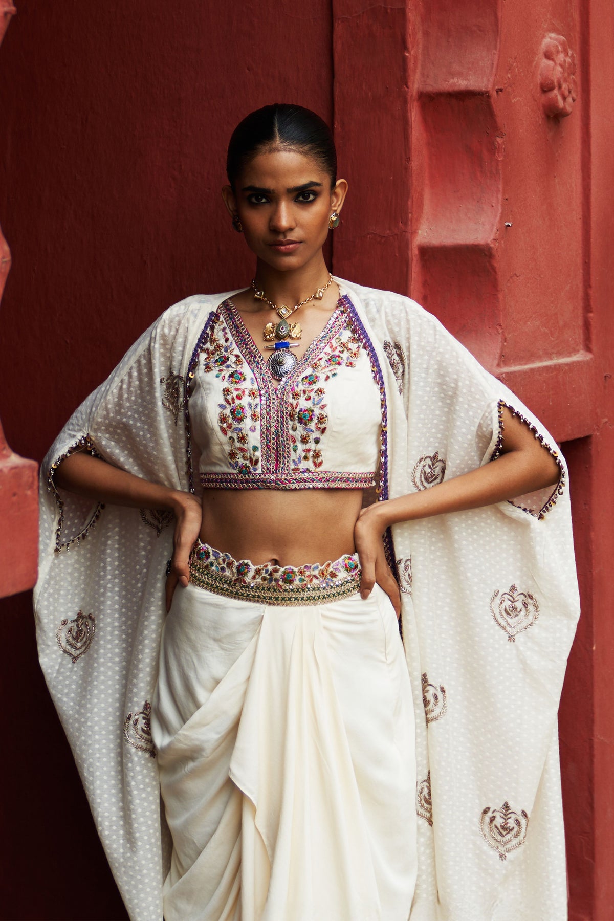 Ivory Embroidered Cape Set