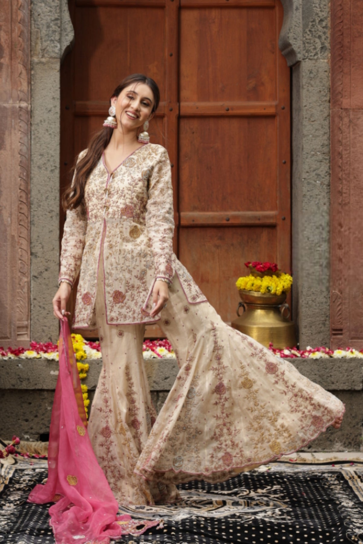 Sharara Set in Colourful Beige