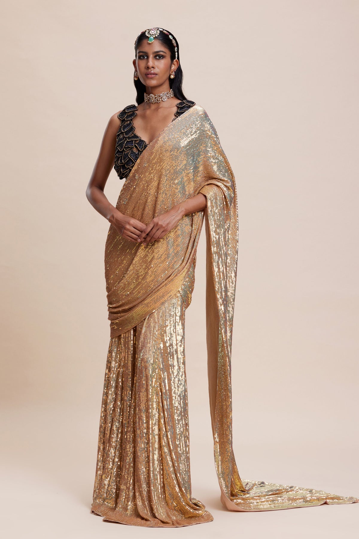 Gold Sequin Draped Saree Set