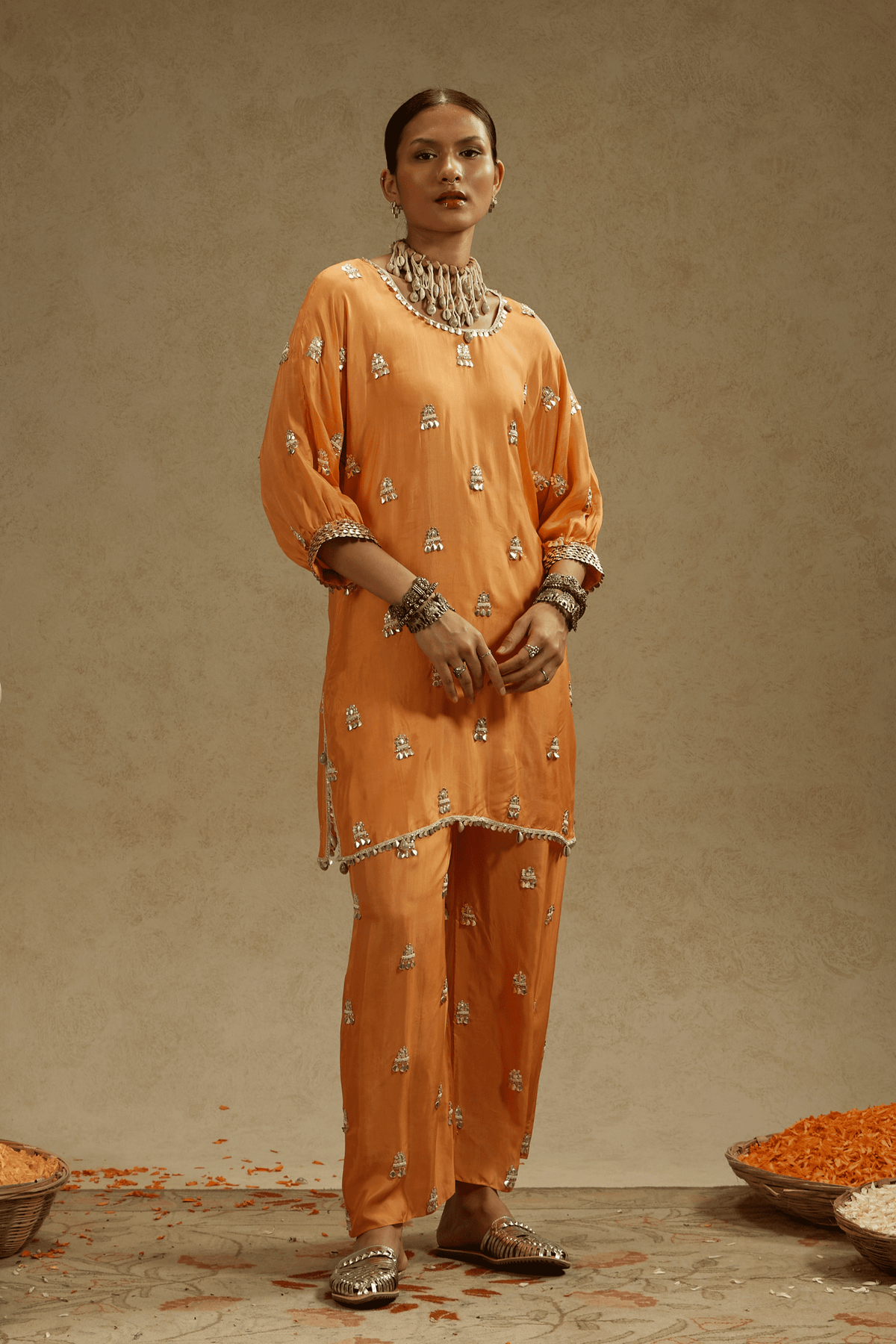 Orange Embellished Tunic Set