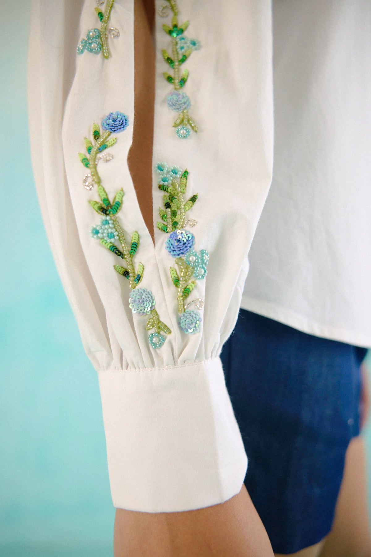 White Hand Embroidered Blue Sequins Upbeat Shirt