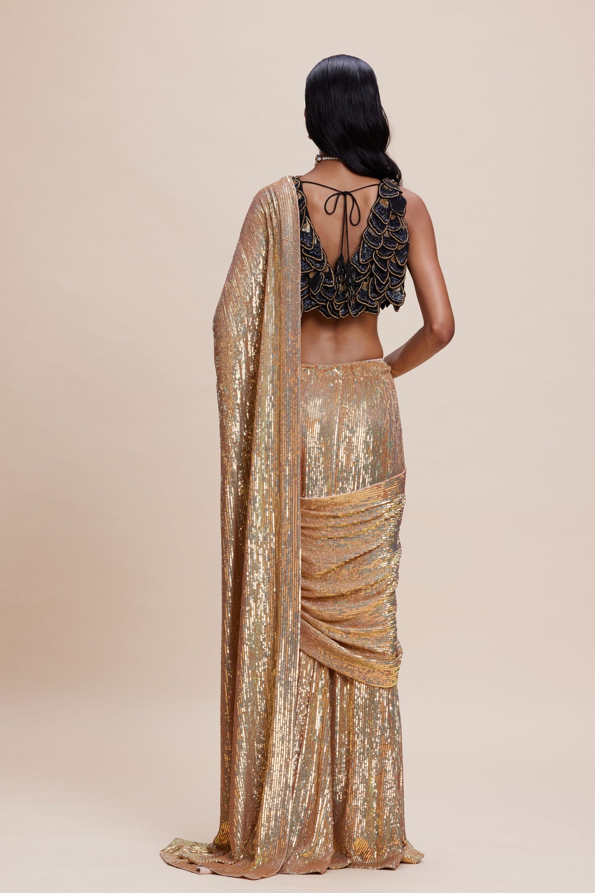 Gold Sequin Draped Saree Set