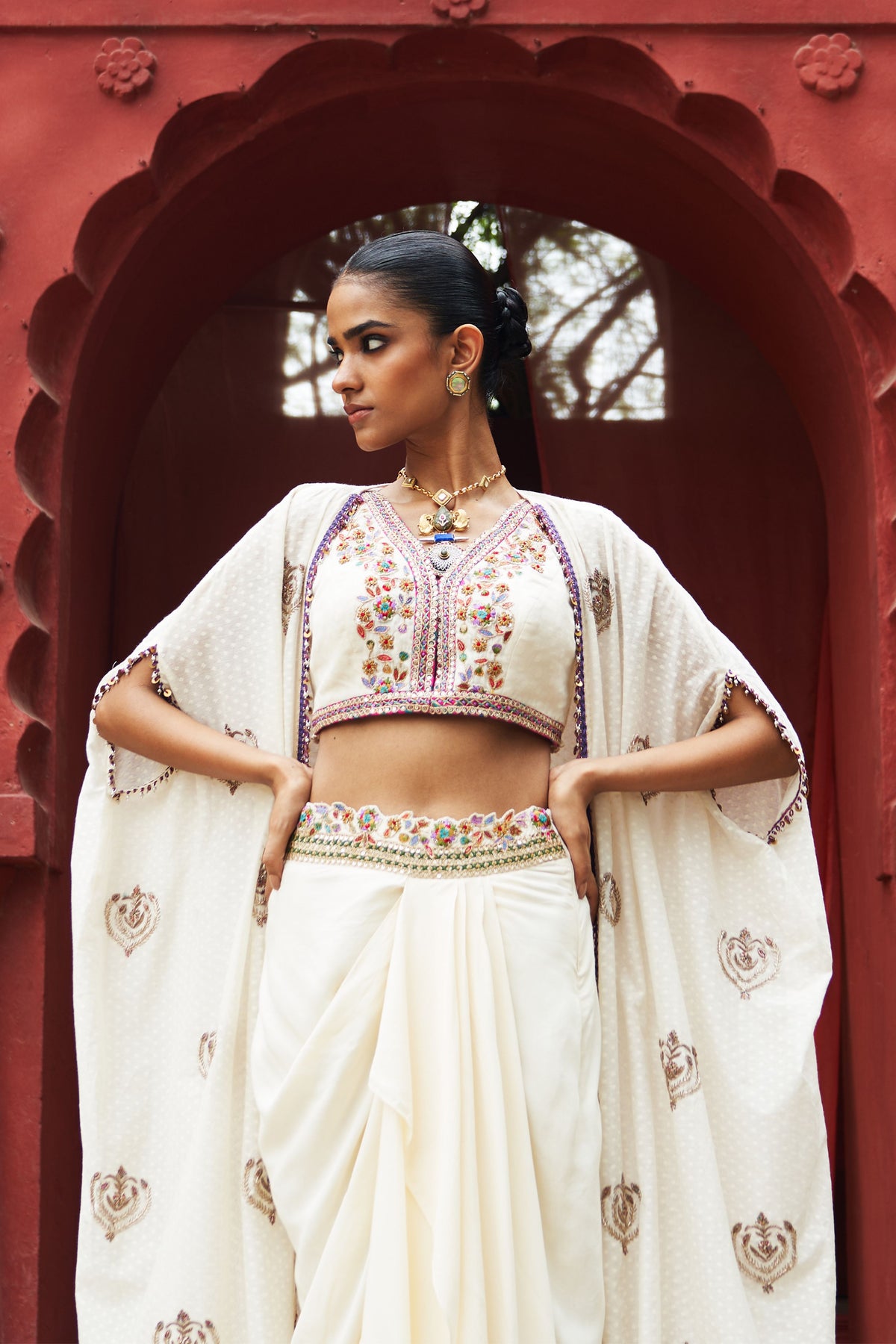 Ivory Embroidered Cape Set