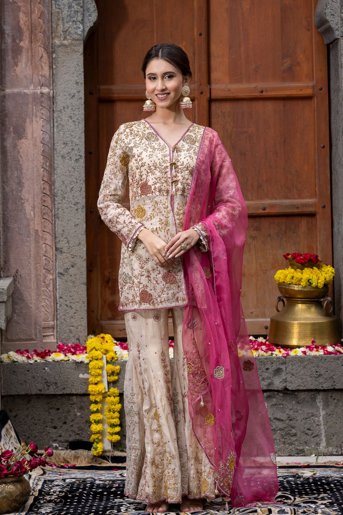 Sharara Set in Colourful Beige