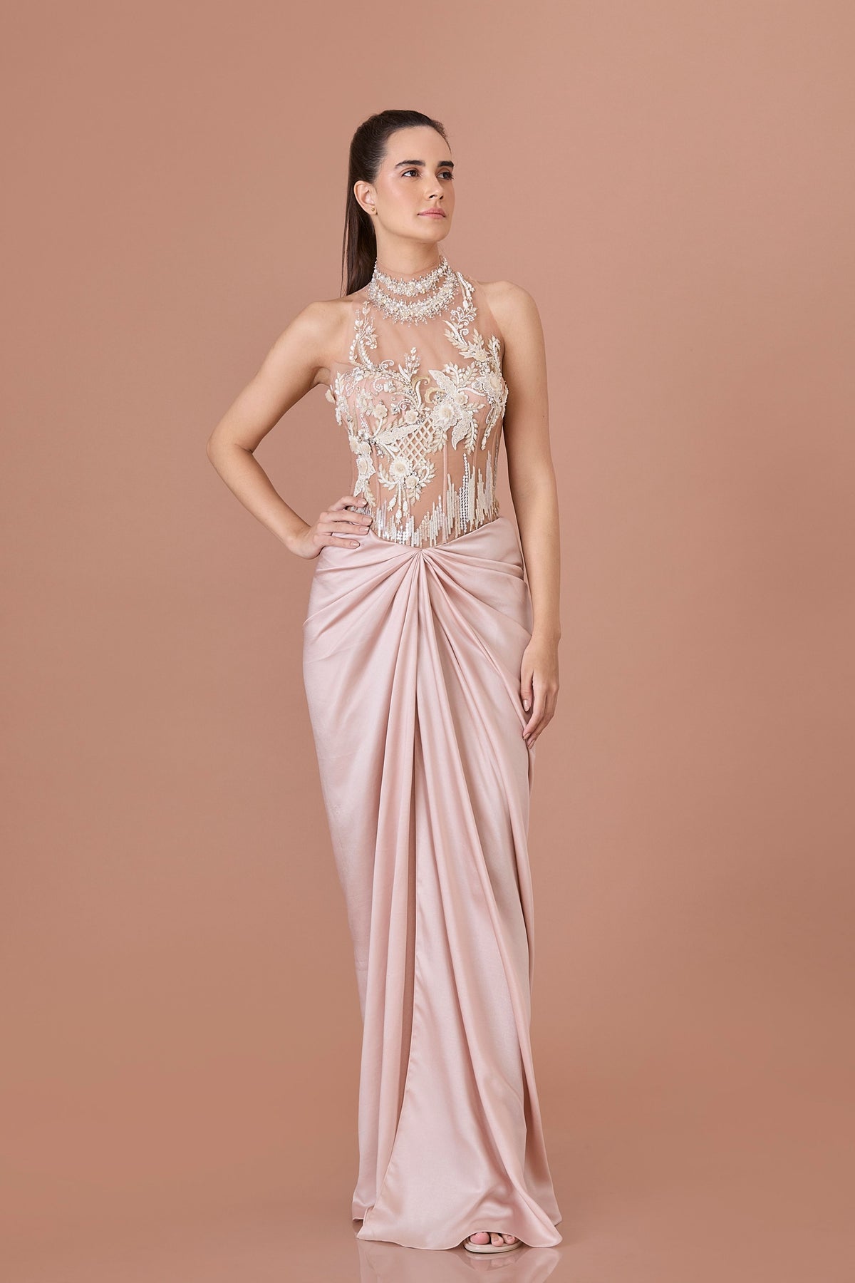 Blush Satin Draped Gown