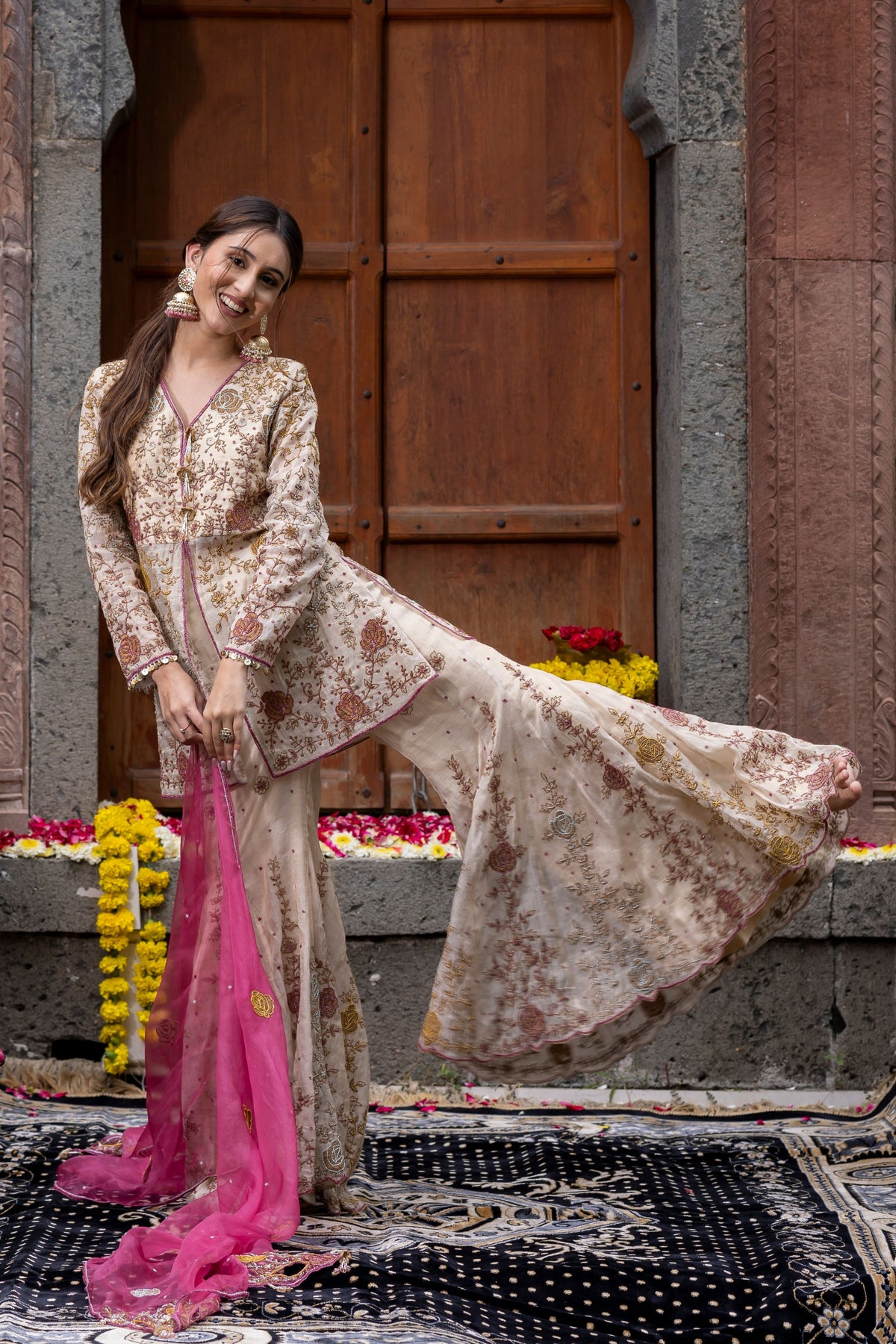 Sharara Set in Colourful Beige