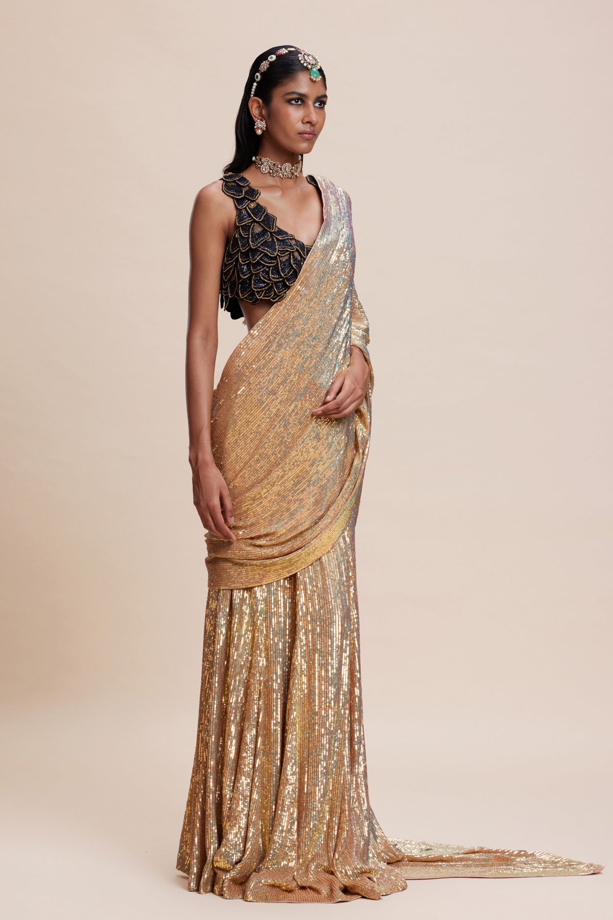 Gold Sequin Draped Saree Set