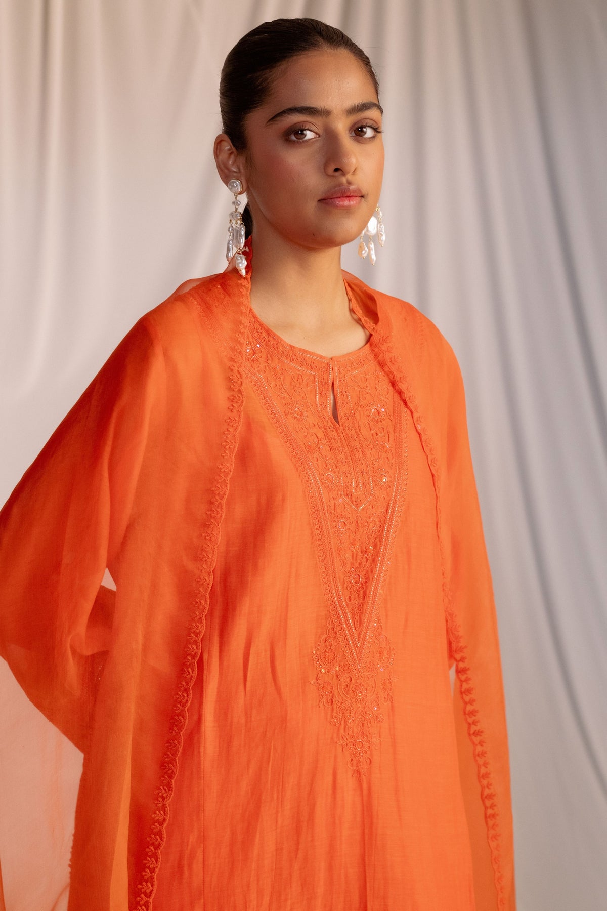 Orange Embroidered Tunic Set