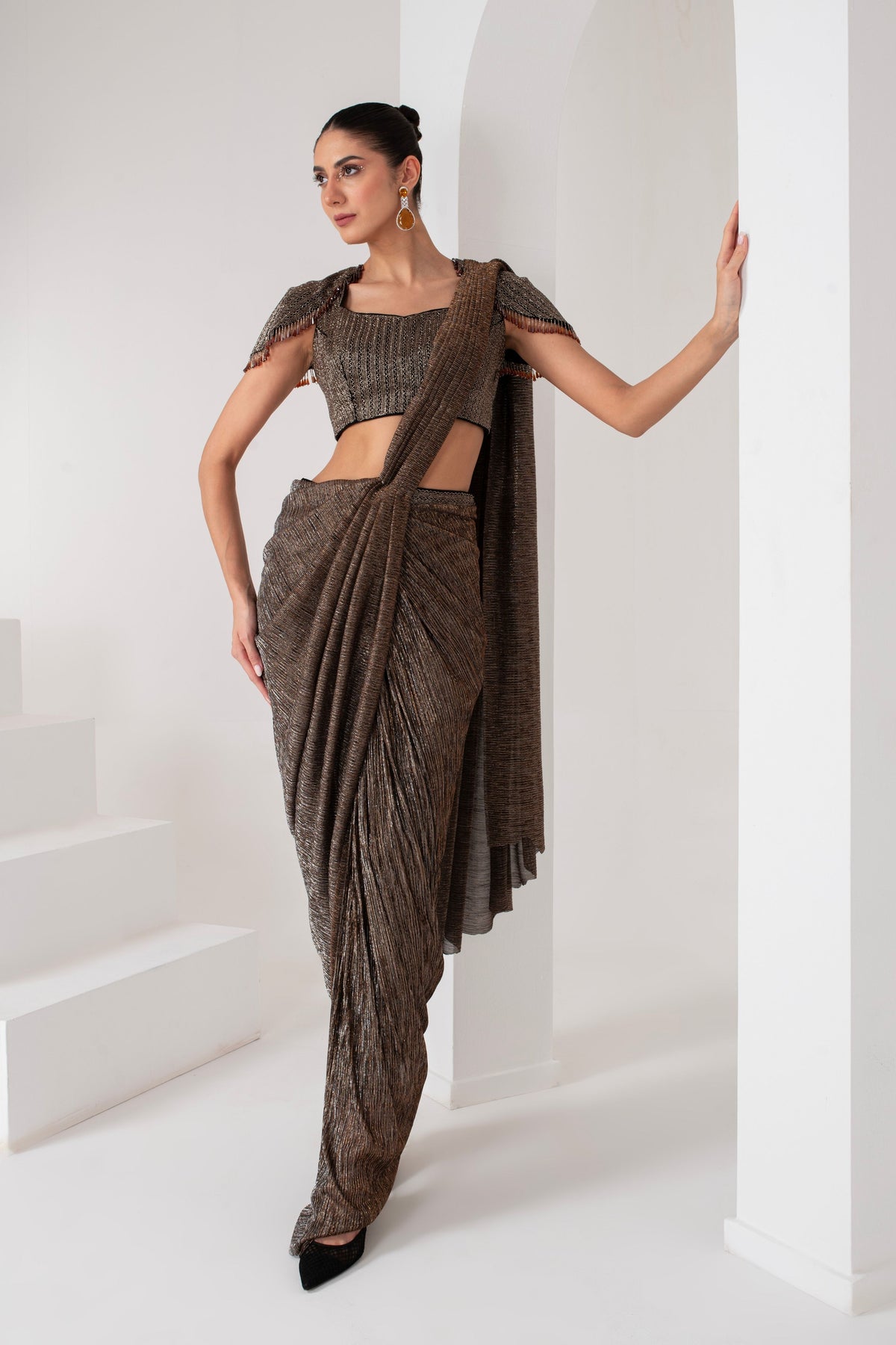 Black Crystal Pre-Draped Pant Saree