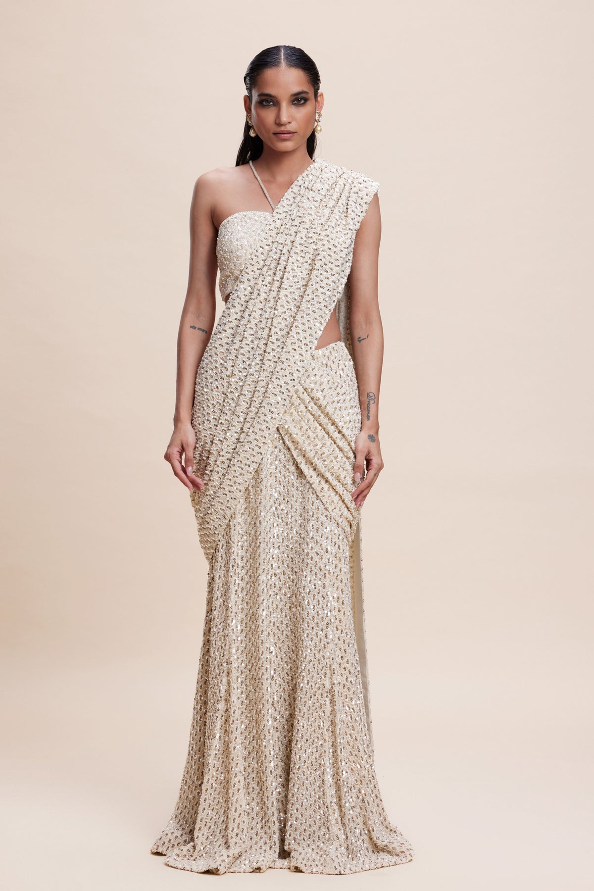 Creme Embellished Draped Saree Set