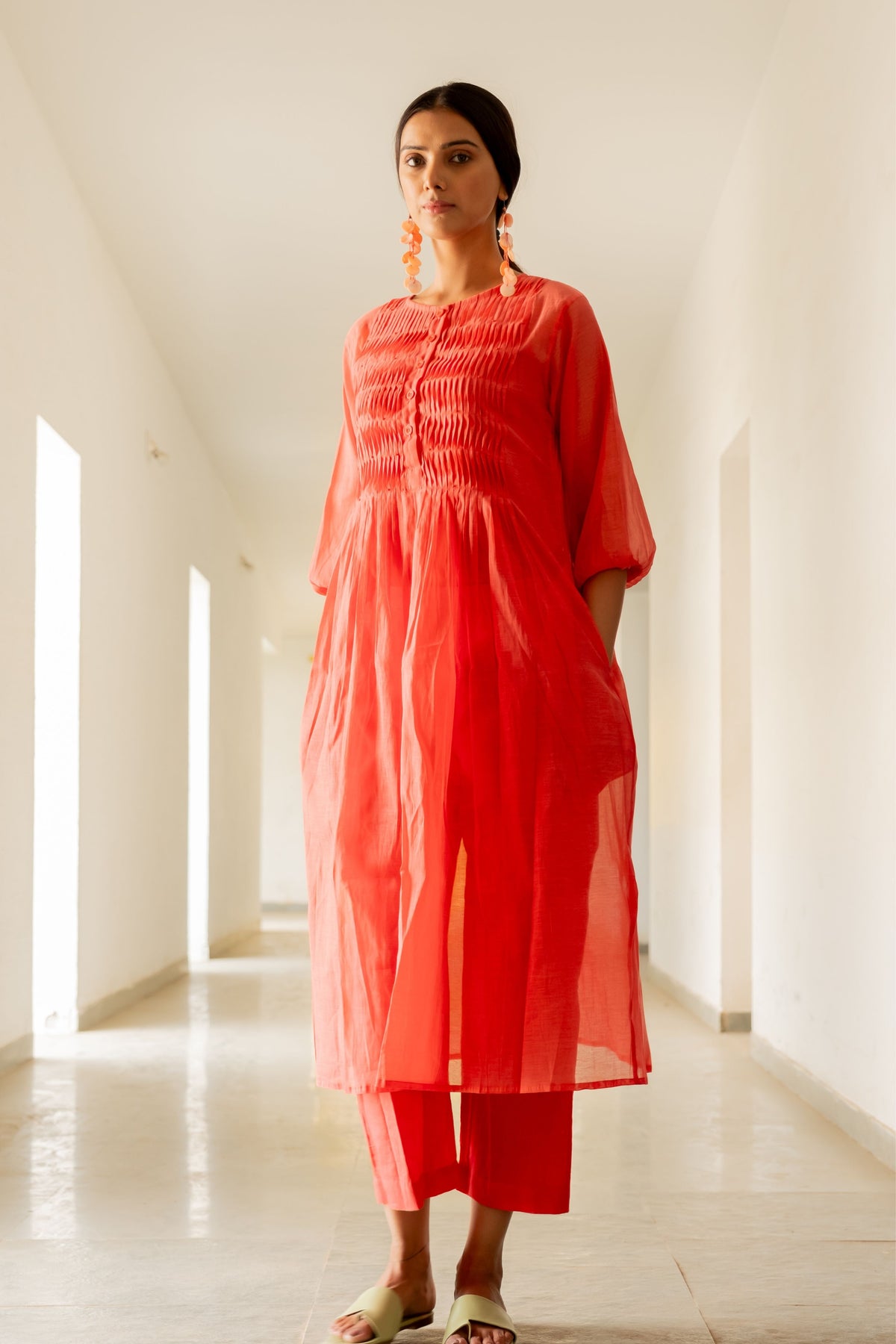 Coral Pleated Kurta Set