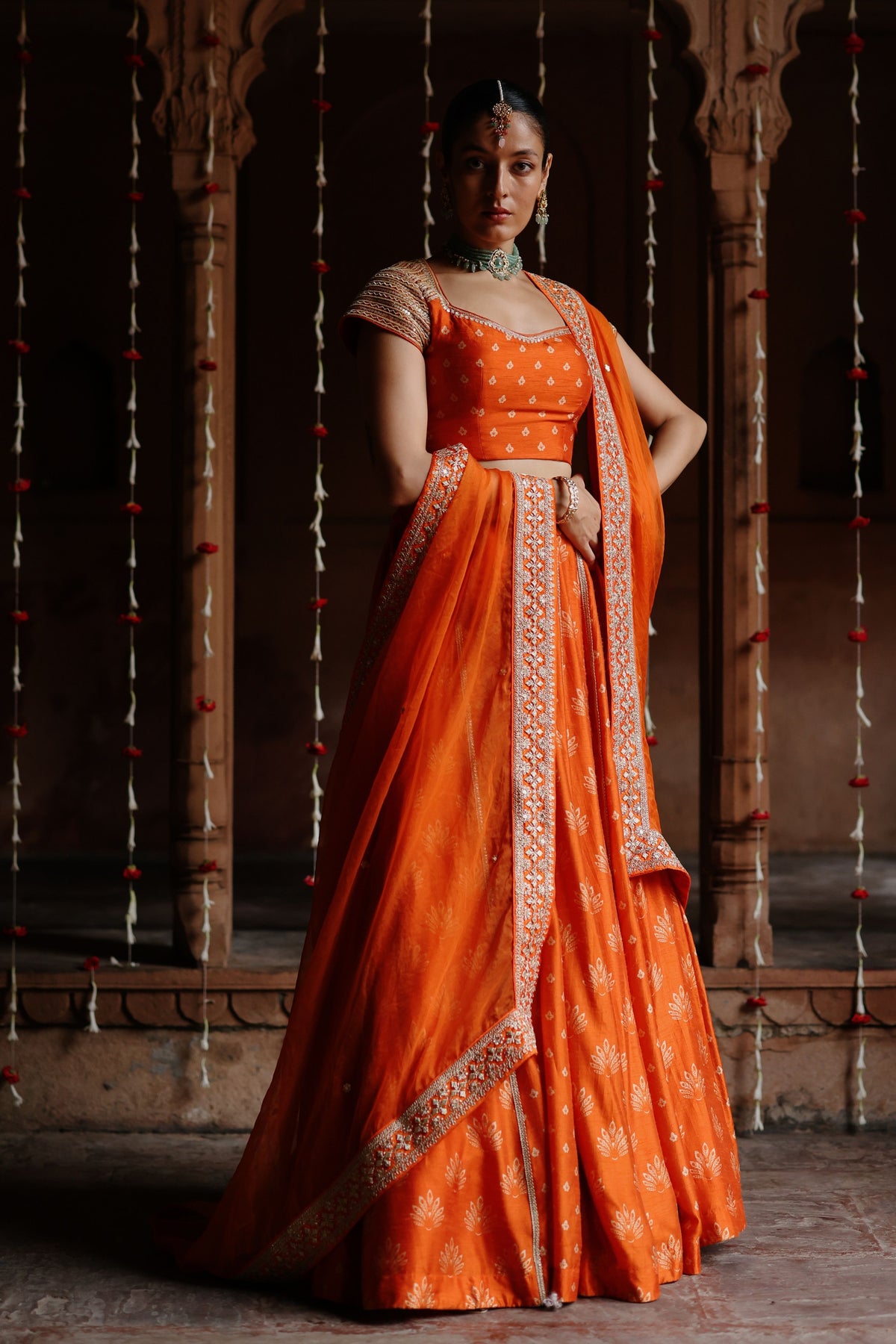 Orange Embroidered Lehenga Set