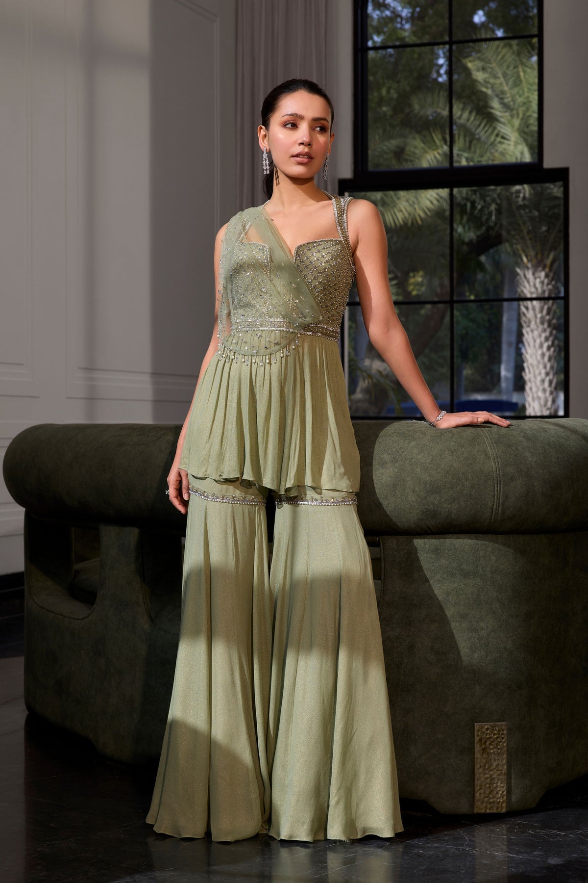 Sage Green Sharara and Peplum Set