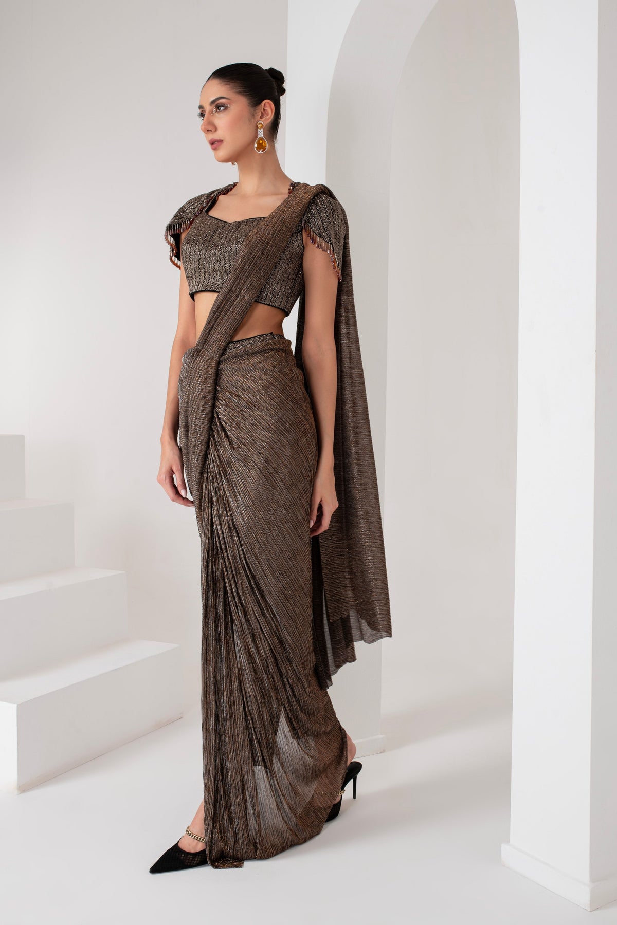 Black Crystal Pre-Draped Pant Saree