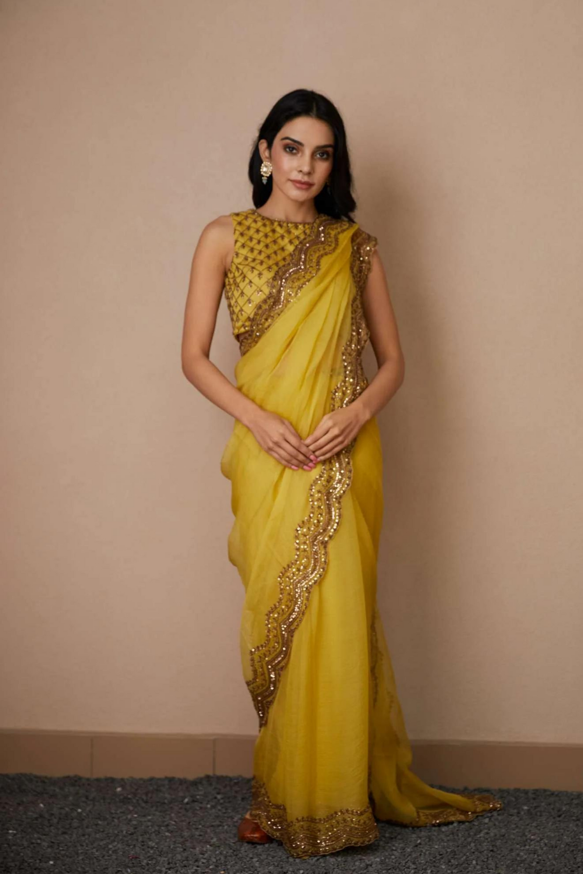 Yellow Organza Sequence Saree Set