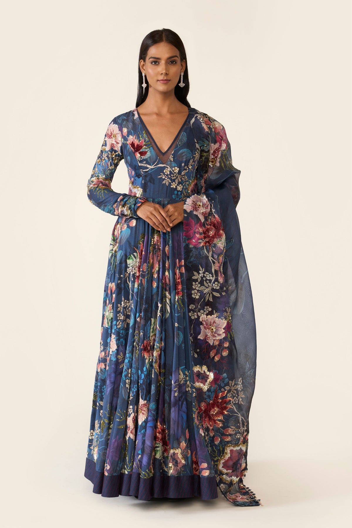 Blue Printed Anarkali Set